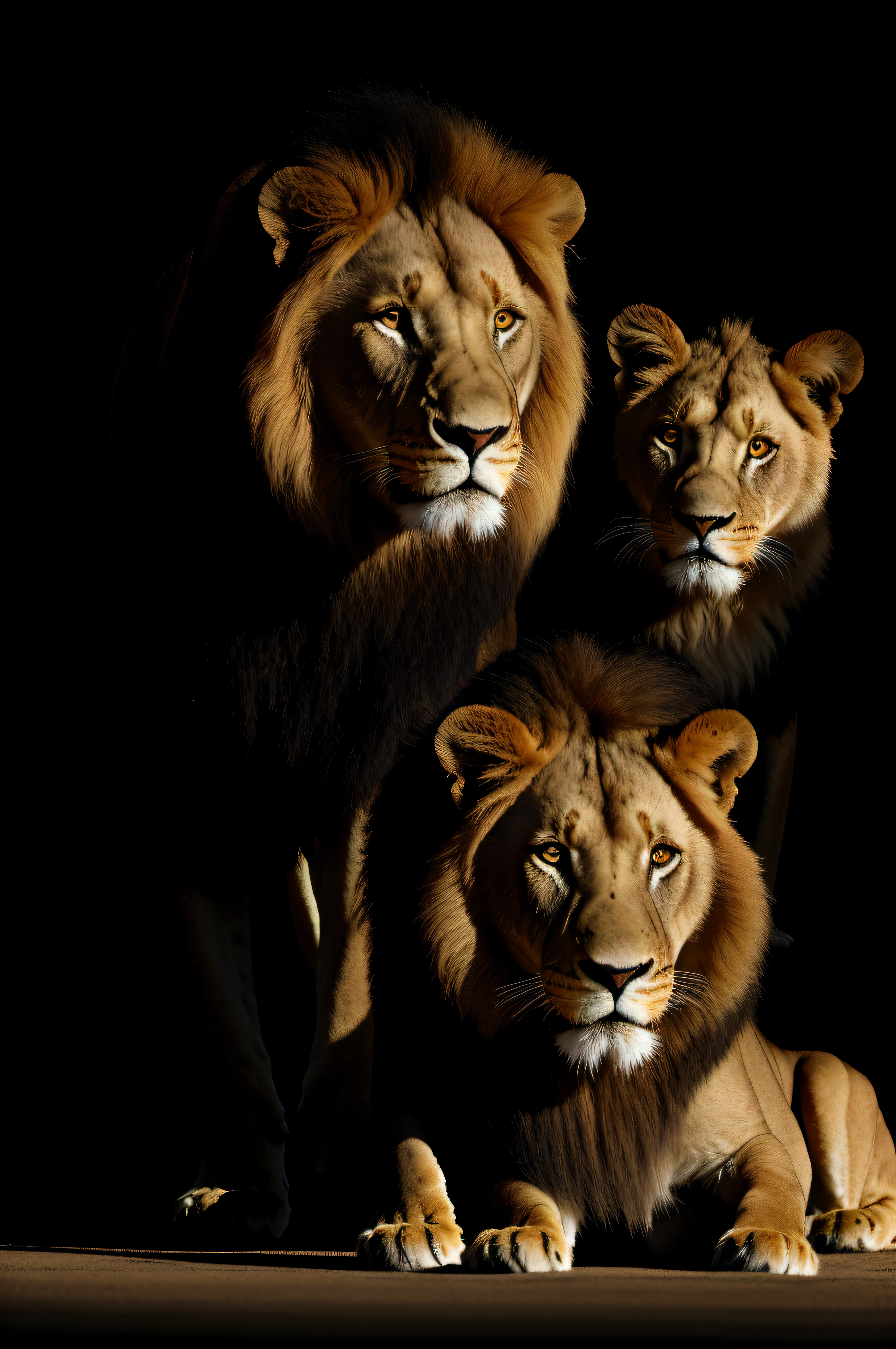 Imposing Lion with a cub in front of him looking eye to eye, backlit, dark background, dark theme, with a beautiful golden gold flower