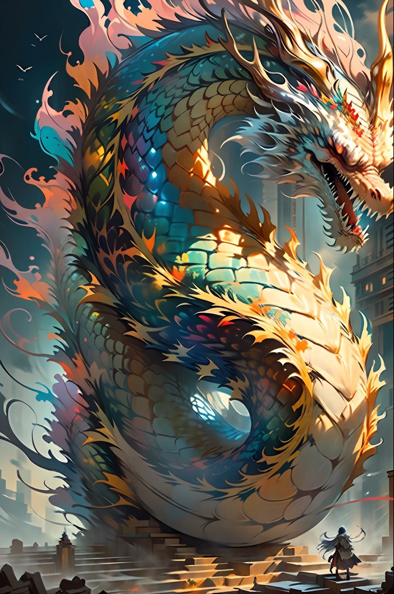 Best quality, masterpiece, super high resolution, no human, (length: 1.2), (fine: 1.2), long hair, sharp teeth, red eyes, teeth, giant, 1 girl, bird, outdoor, standing, scale, cloud, horn, from behind, armor, sky, open mouth, confrontation, charge, monster, size difference, white hair, building, valley, (realistic texture: 1.2), (glowing multicolored scales: 1.2), (realistic details: 1.2), (realistic details: 1.2), ([front | side] :1.1), HDR, ultra-refined 3D modeling, as magical as the style paintings painted by Tim Burton, Dale Chihuly, Xiaolongcheng, Cyril Rolando and other authors such as Jr. Gigue. Shadows and lighting intertwine to create brilliant effects.