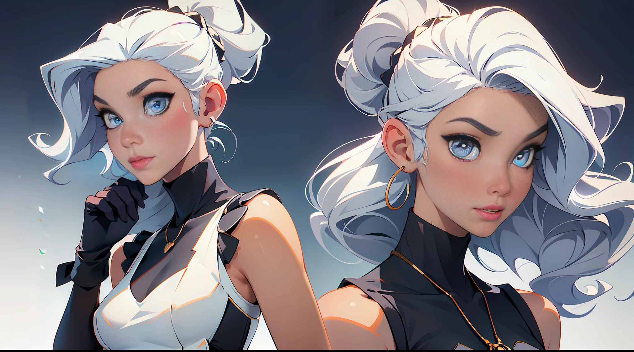 Masterpiece: 1.6, best quality: 1.4, live image: 1.2, intricate details: 1.2, charturnerv2: 1.2, 1lady full body character change,
Appearance: milf: 1.25, thin: 1.3, light blue eyes, medium breasts, detailed eyes, quality eyes,
Clothing: black sleeveless dress, black gloves
Accessories: simple hoop earrings, black necklace, small flowers in the hair,
Hair: silver hair, long hair, semi curly hair,
Makeup: natural, shiny skin,
(single background, white background: 1.3), multiple views, multiple views of the same character in the same outfit: 1.3.