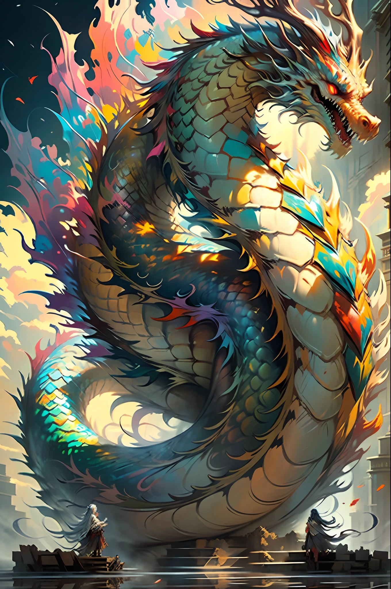 Best quality, masterpiece, super high resolution, no human, (length: 1.2), (fine: 1.2), long hair, sharp teeth, red eyes, teeth, giant, 1 girl, bird, outdoor, standing, scale, cloud, horn, from behind, armor, sky, open mouth, confrontation, charge, monster, size difference, white hair, building, valley, (realistic texture: 1.2), (glowing multicolored scales: 1.2), (realistic details: 1.2), (realistic details: 1.2), ([front | side] :1.1), HDR, ultra-refined 3D modeling, as magical as the style paintings painted by Tim Burton, Dale Chihuly, Xiaolongcheng, Cyril Rolando and other authors such as Jr. Gigue. Shadows and lighting intertwine to create brilliant effects.