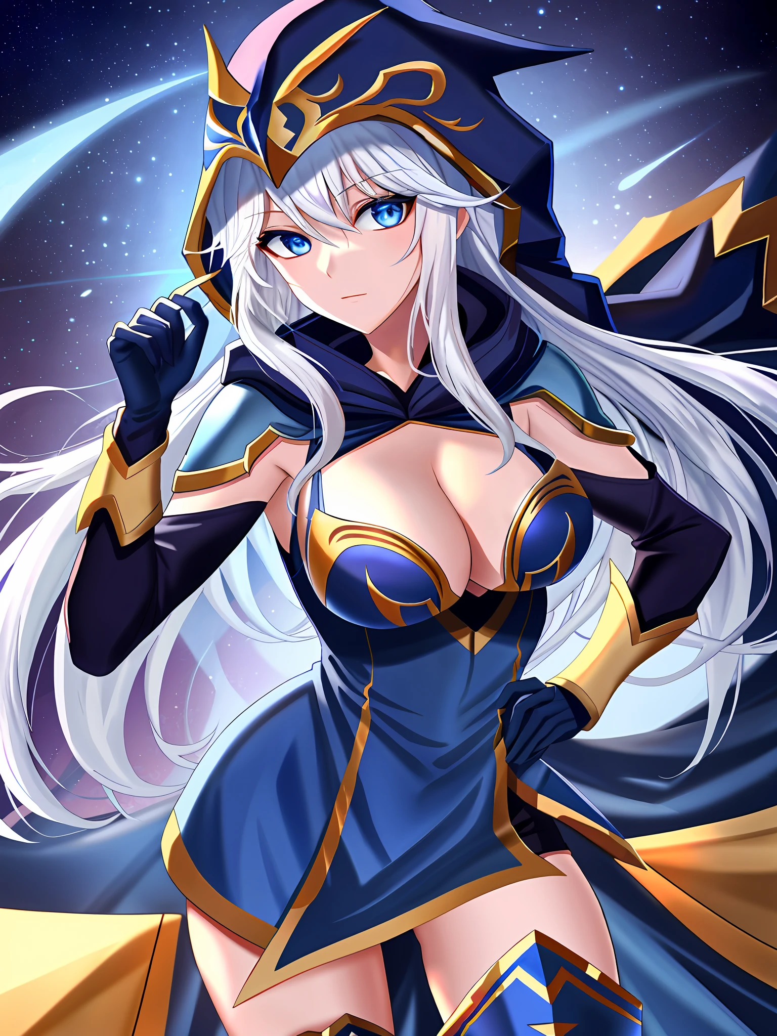 ice world, ashe \(league of legends\), 1 beautiful girl, cowboy shot, looking at viewer, hand on hips, blue eyes, breasts, cape, dress, gloves, hood, league of legends, long hair, short dress, solo, thighhighs, white hair, bandages, 8k, 逼真, 精美的游戏CG,