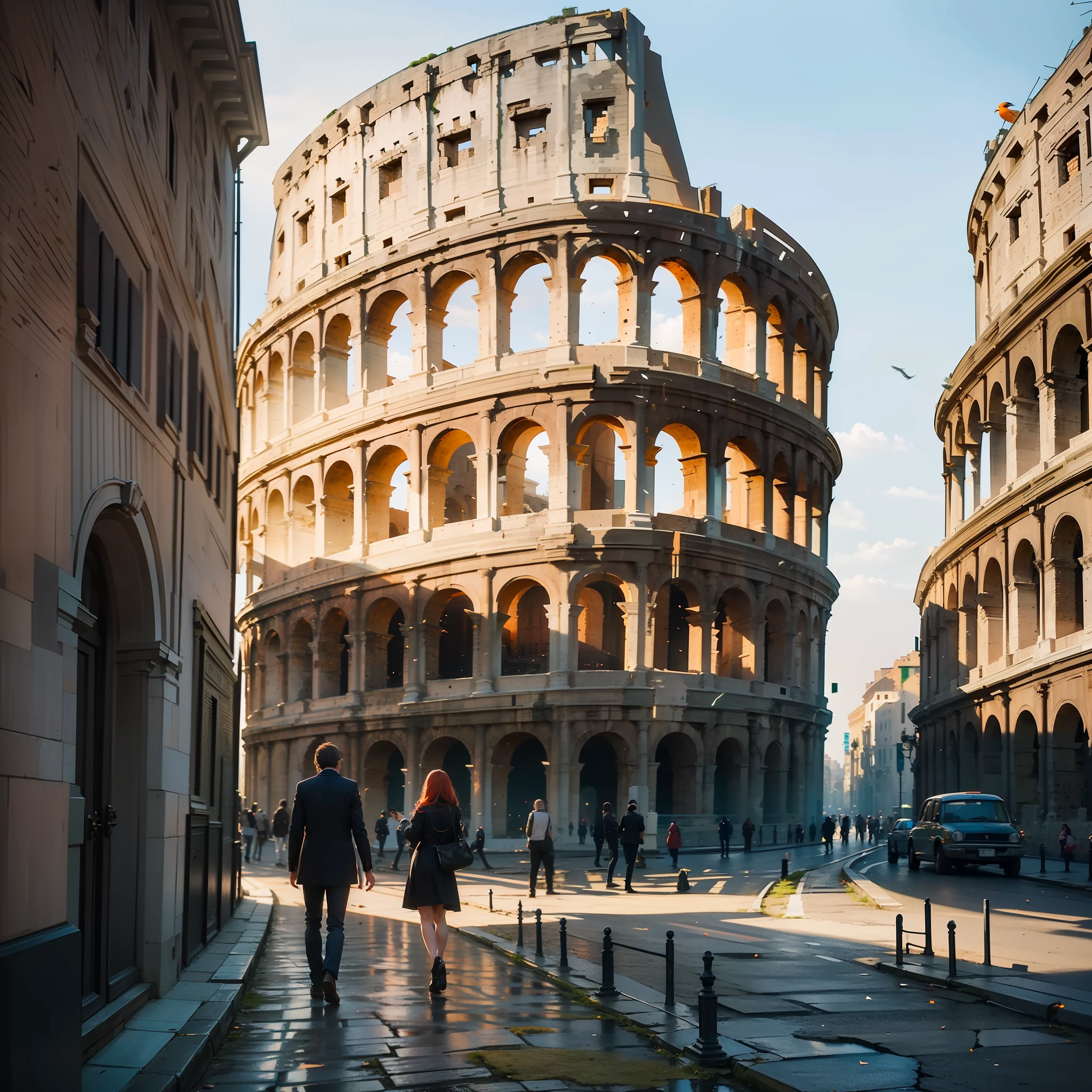 (Description: Beautiful Late Afternoon + at the Colosseum of Rome Sunset Street), (Rome style + Italy architecture), (High Quality + Best Lighting), (Beautiful Sunset) (blue / orange / red sky + birds), (Dynamic angles + continuous path), (Nostalgic + memory style + twilight), (main frame: street + building) +( empty streets, no people and no cars, just the beautiful architecture of Rome for contemplation)+(feeling of peace and tranquility).