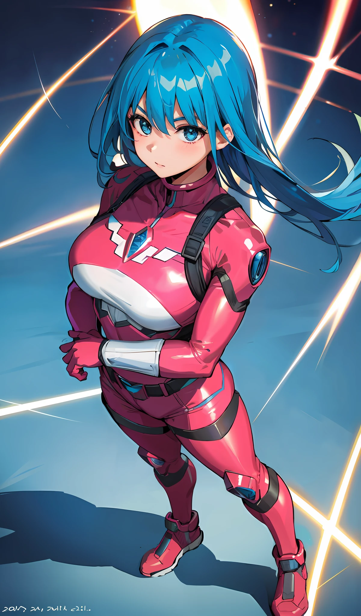 4K, realistic, charismatic, very detailed, there is a girl in the sky, wearing power rangers, she is a power ranger, superhero theme, blue hair, 25 years old, full body