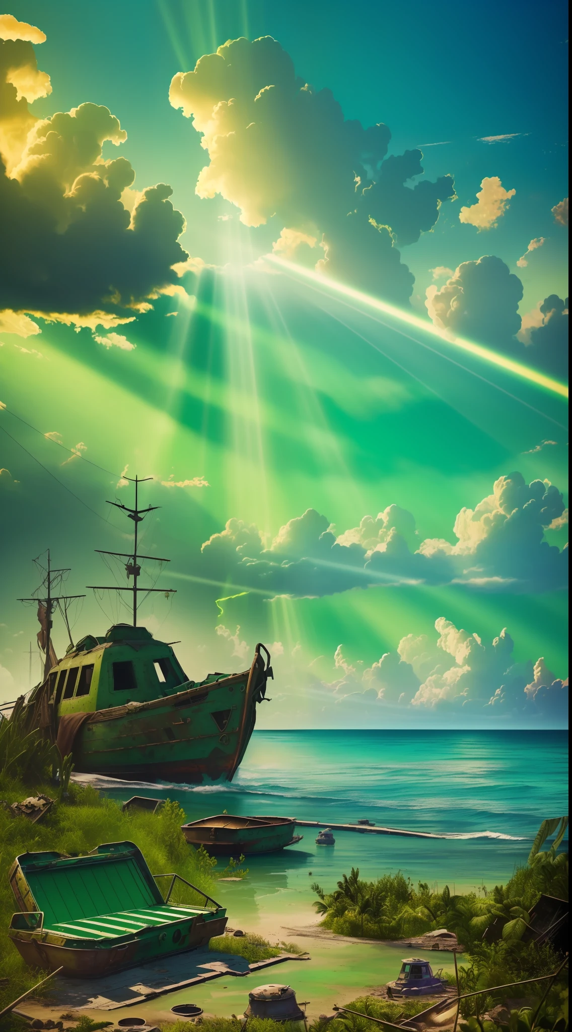 "(((Masterpiece)))), better quality, better framing, ultra-detailed, apocalyptic put style, fallout style, high resolution, strong light, ((day with many (green color clouds) (with green color rays): 1.5), (abandoned paradisiacal beach), (perfect sea with remains of vessels)): 0.7"