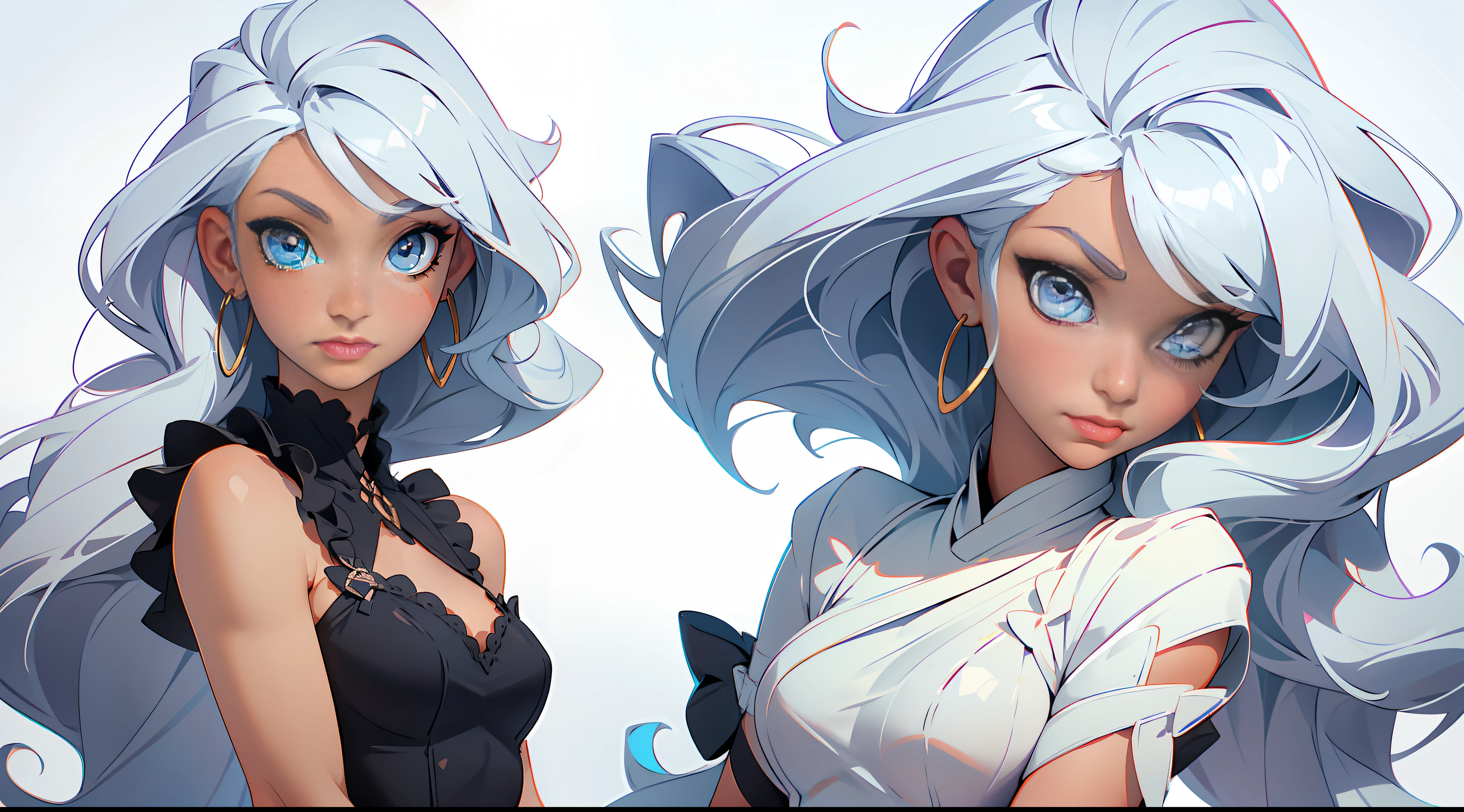 Masterpiece: 1.6, best quality: 1.4, live image: 1.2, intricate details: 1.2, charturnerv2: 1.2, 1lady full body character change,
Appearance: milf: 1.25, thin: 1.3, light blue eyes, medium breasts, detailed eyes, quality eyes,
Clothing: black sleeveless dress, black gloves
Accessories: simple hoop earrings, black necklace, small flowers in the hair,
Hair: silver hair, long hair, semi curly hair,
Makeup: natural, shiny skin,
(single background, white background: 1.3), multiple views, multiple views of the same character in the same outfit: 1.3.