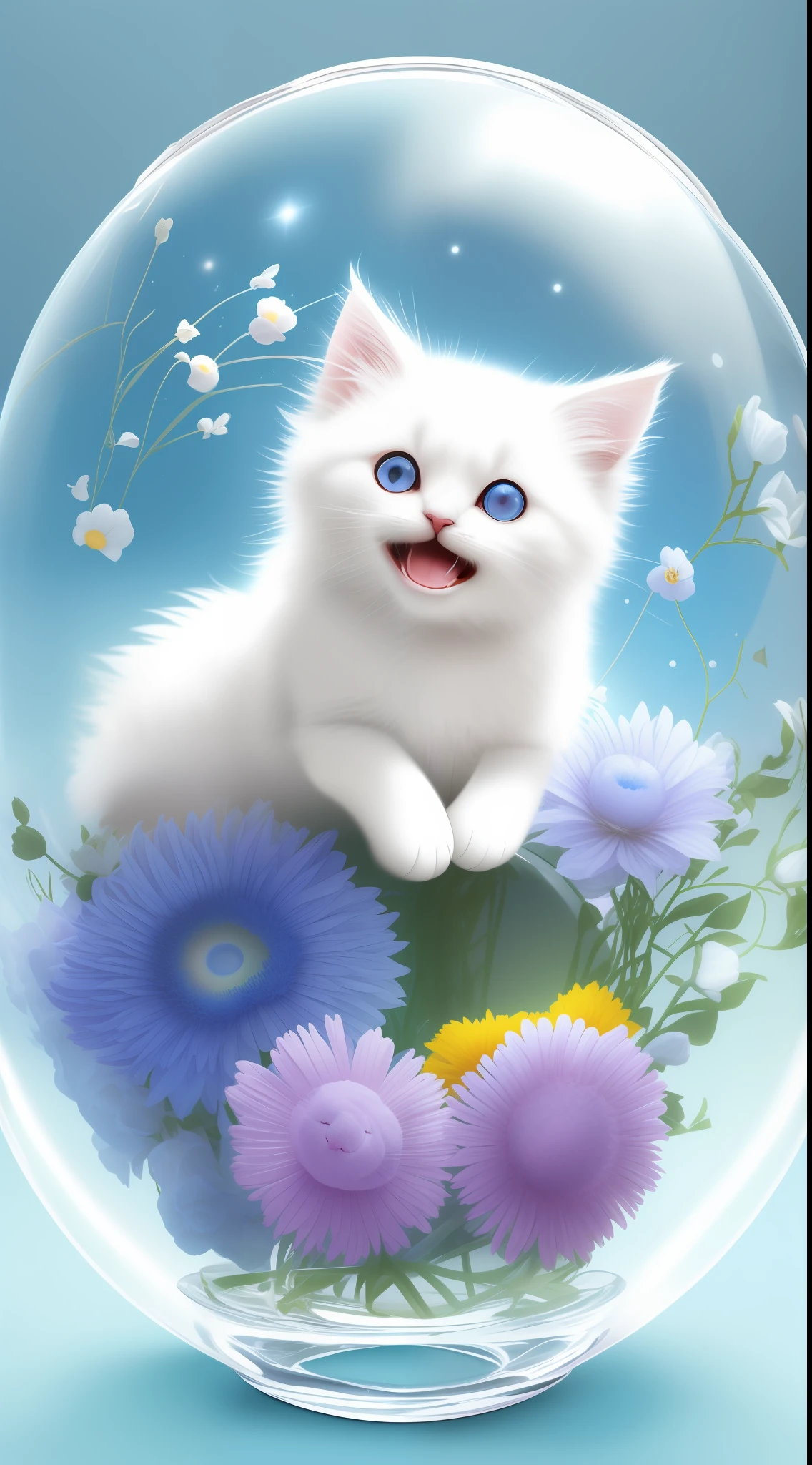 A cute fluffy white-haired kitten in a sweater, big ears, big eyes, next to flowers inside a large glass ball, flowers, light blue background, Morandi colors, open mouth, laughing !!!, funny, (floating in space: 1.1) jubbslineart_v2