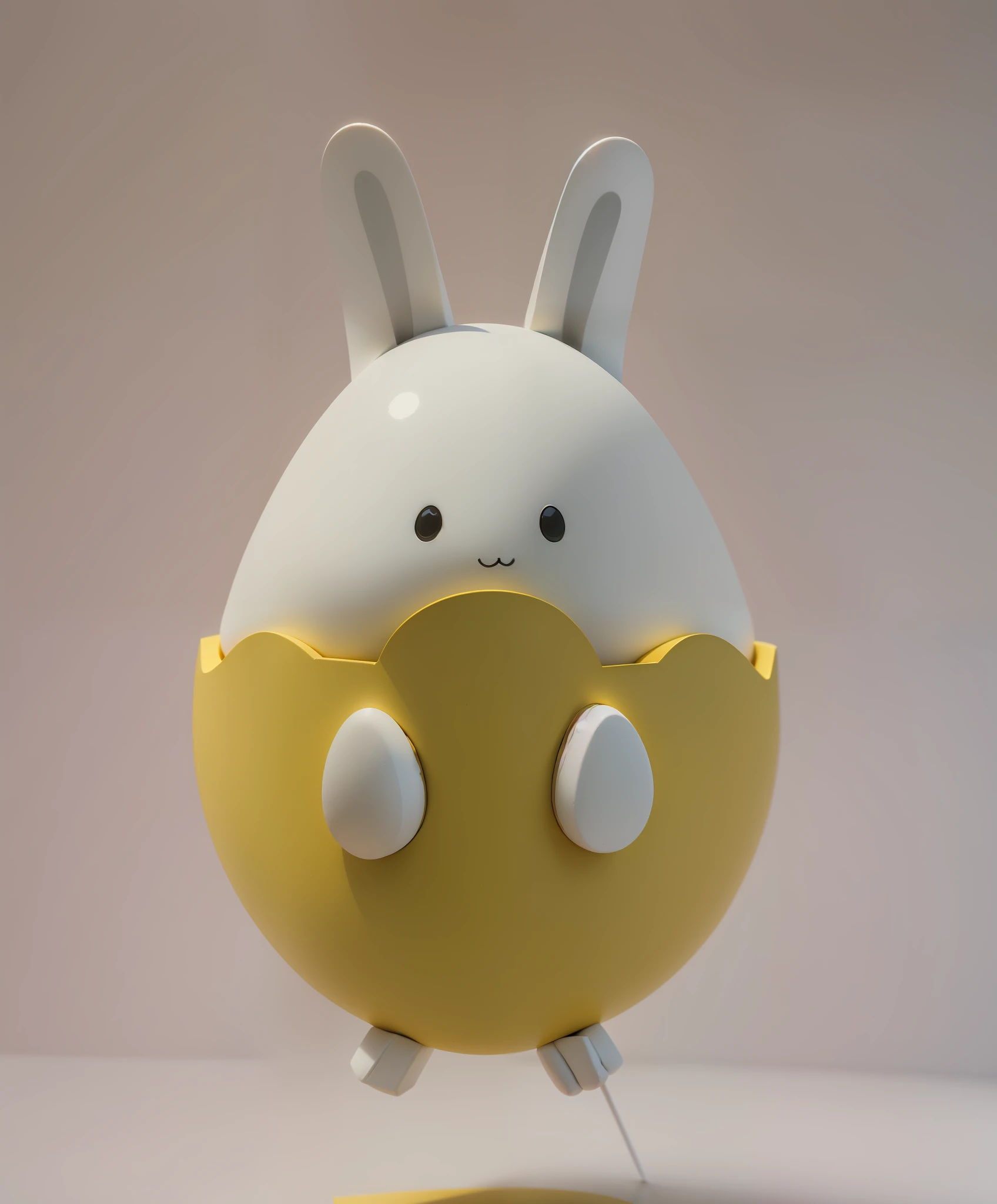 Blind box figure style, Q version white rabbit, wearing yellow eggshell, facing forward, hands through the eggshell placed on the chest, ears with a little pink, pink background --auto --s2