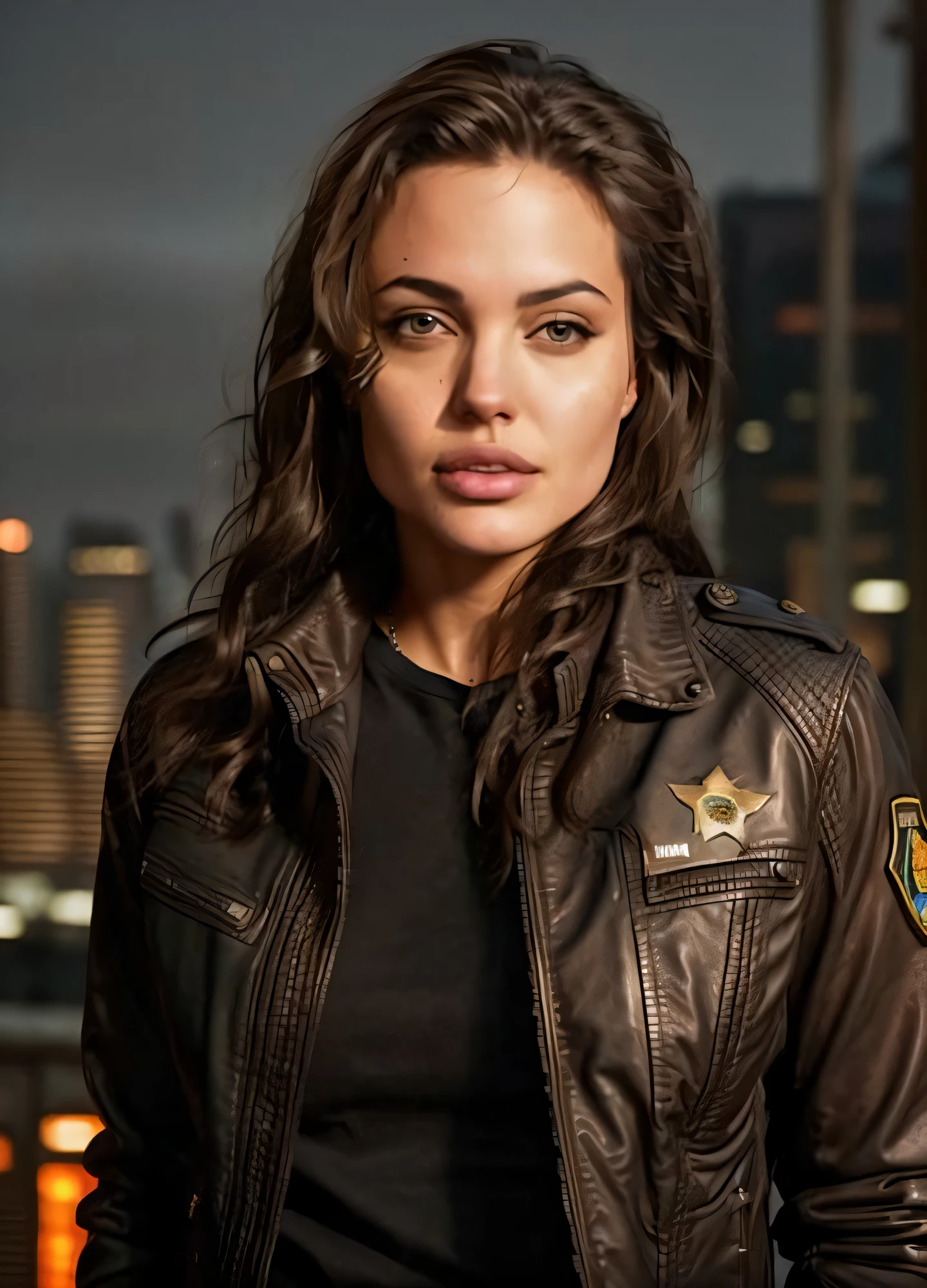 Portrait of anjo as a beautiful female model, georgia fowler, beautiful face, with short dark brown hair, in cyberpunk city at night. She is wearing a leather jacket, black jeans, dramatic lighting, (police badge:1.2)