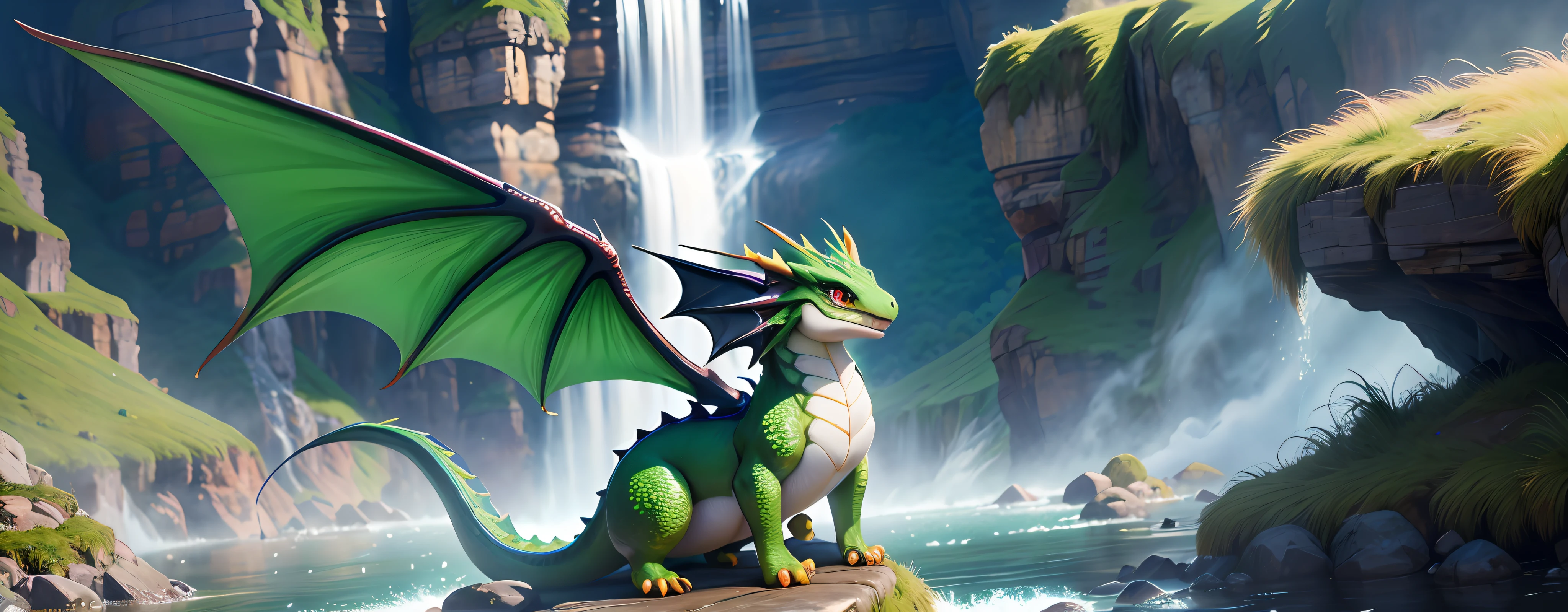 Mini cute green dragon, dragon skin, dragon wings, big eyes, mountain background with waterfall, photorealistic, hyperrealistic, hyperdetailed, pokemon style, full body, sitting, anthropomorphic, detailed skin, matte skin, soft lighting, subsurface scattering, realistic, heavy shadow, masterpiece, best quality, ultra realistic, 8k, film photography, soft focus, super cute creature