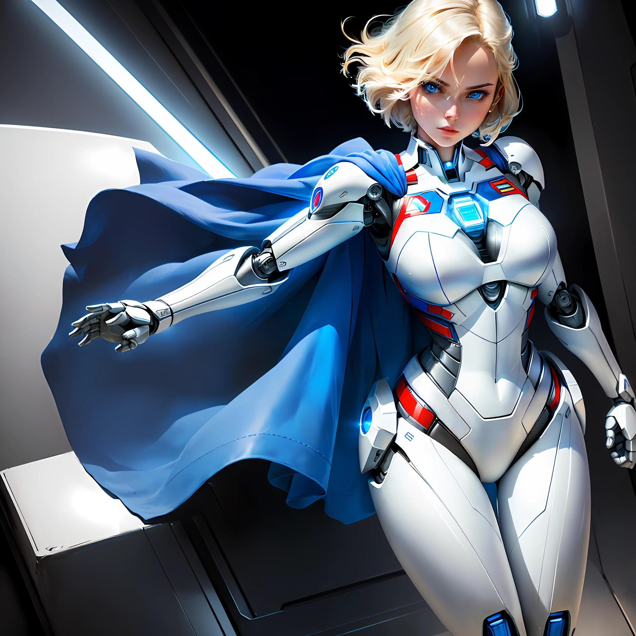 robot supergirl, plugsuit, cute female face, short blonde hair, robotic arms, robotic legs, robotic hips, black bodysuit, neckline, white armor bra with superman s letter on chest, white armor panties, studio lighting, detailed robotics, hydraulics, mechanical joints, doll like, highly detailed, sharp, high quality, cutting-edge, beautiful render, dramatic pose, detailed shading, beautiful blue eyes