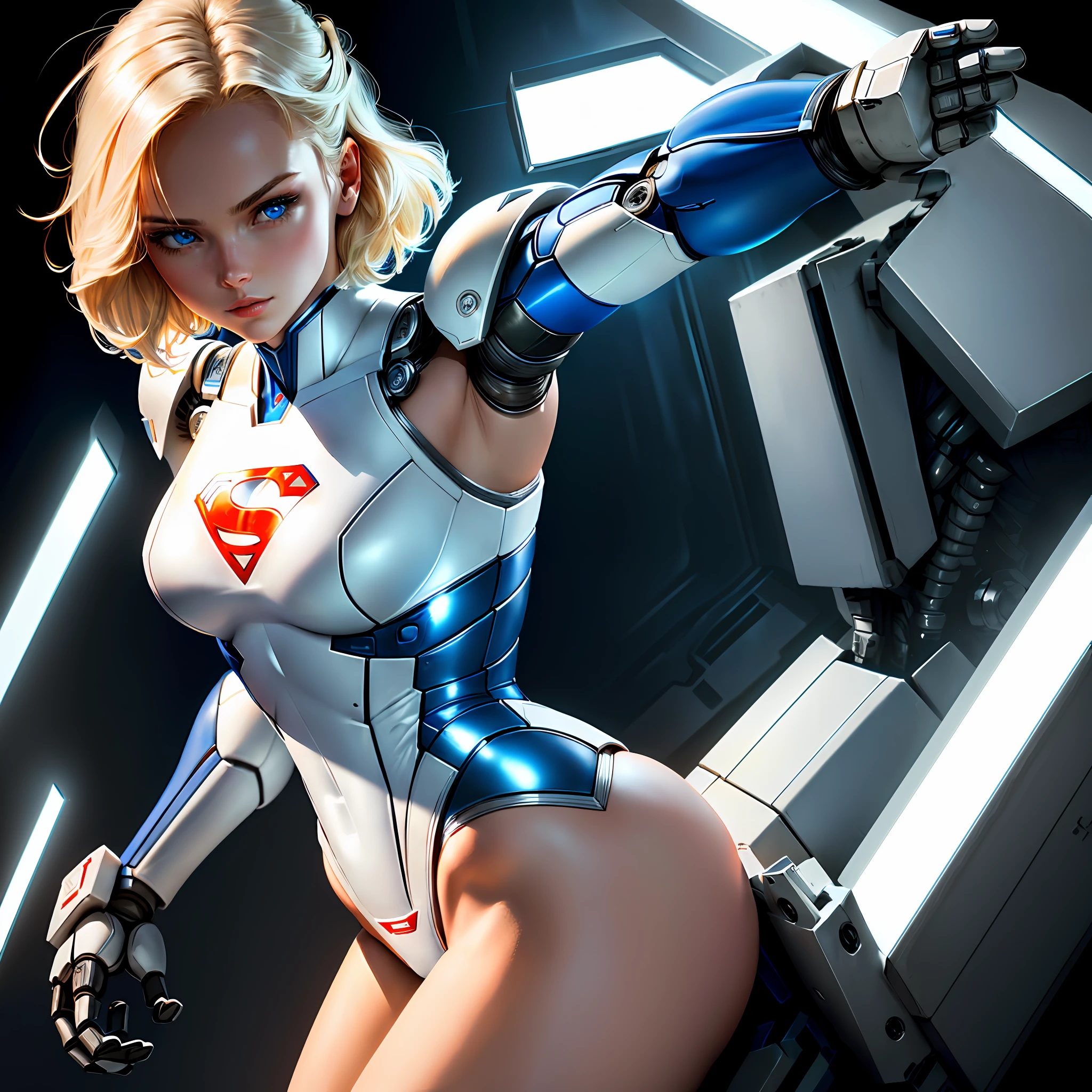 robot supergirl, plugsuit, cute female face, short blonde hair, robotic arms, robotic legs, robotic hips, black bodysuit, neckline, white armor bra with superman s letter on chest, white armor panties, studio lighting, detailed robotics, hydraulics, mechanical joints, doll like, highly detailed, sharp, high quality, cutting-edge, beautiful render, dramatic pose, detailed shading, beautiful blue eyes