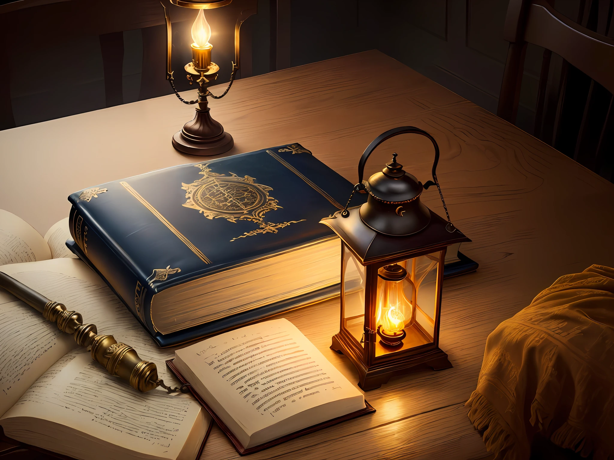 A book and an oil lamp, the only source of light, lie on a large battered tabletop, 8k, dramatic, gothic