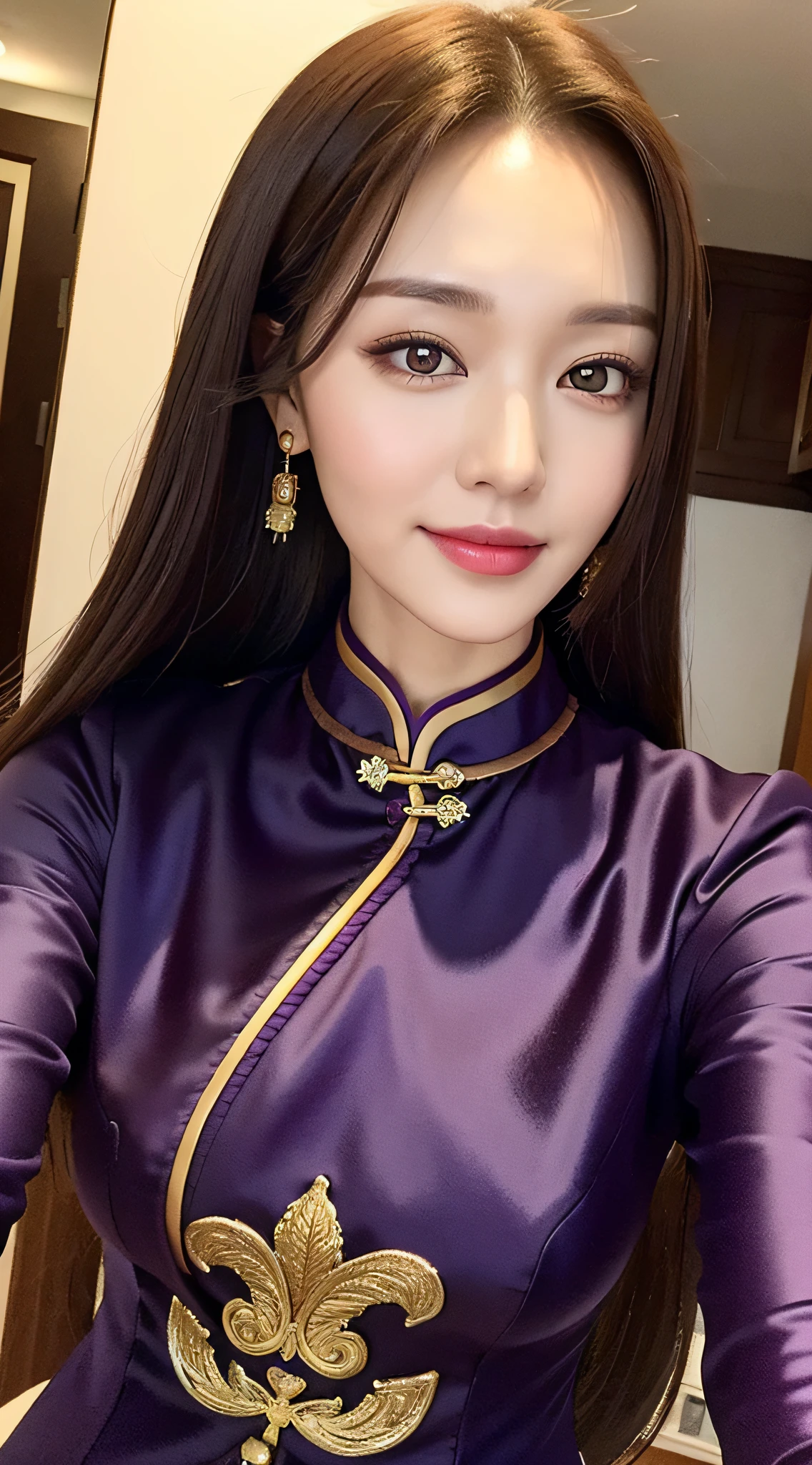 ((Best Quality, 8K, Masterpiece: 1.3)), 1 Girl, Smile, Slim Face, Beautiful Woman, (Dark Brown Hair), Purple Cheongsam, Ultra Detailed Face, Detailed Eyes, Double Eyelids, Selfie
