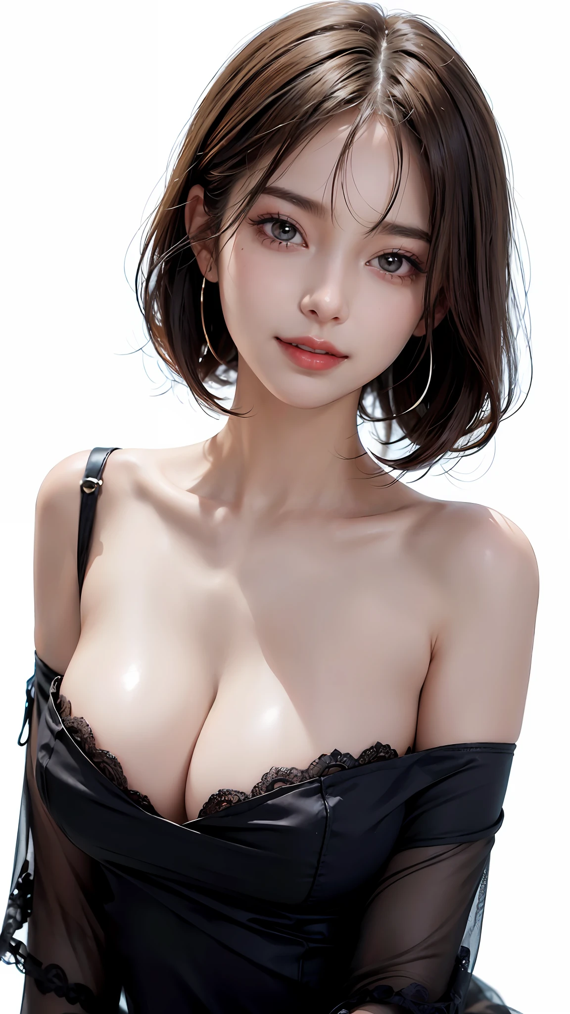 Beautiful woman, very sexy body, very big breasts looking directly at the camera, sexy expression, chest between arms to create cleavage, chest closer, tremendous big breasts, coquettish smile, happy smile, glossy, big eyes, highlights in pupils, clear double eyelids, eyelashes, long neck, beautiful short hair, glossy dark black hair, bangs, Pure white background, empty background, colorful off-shoulder, shoulder straps, oil on skin, gloss on mouth