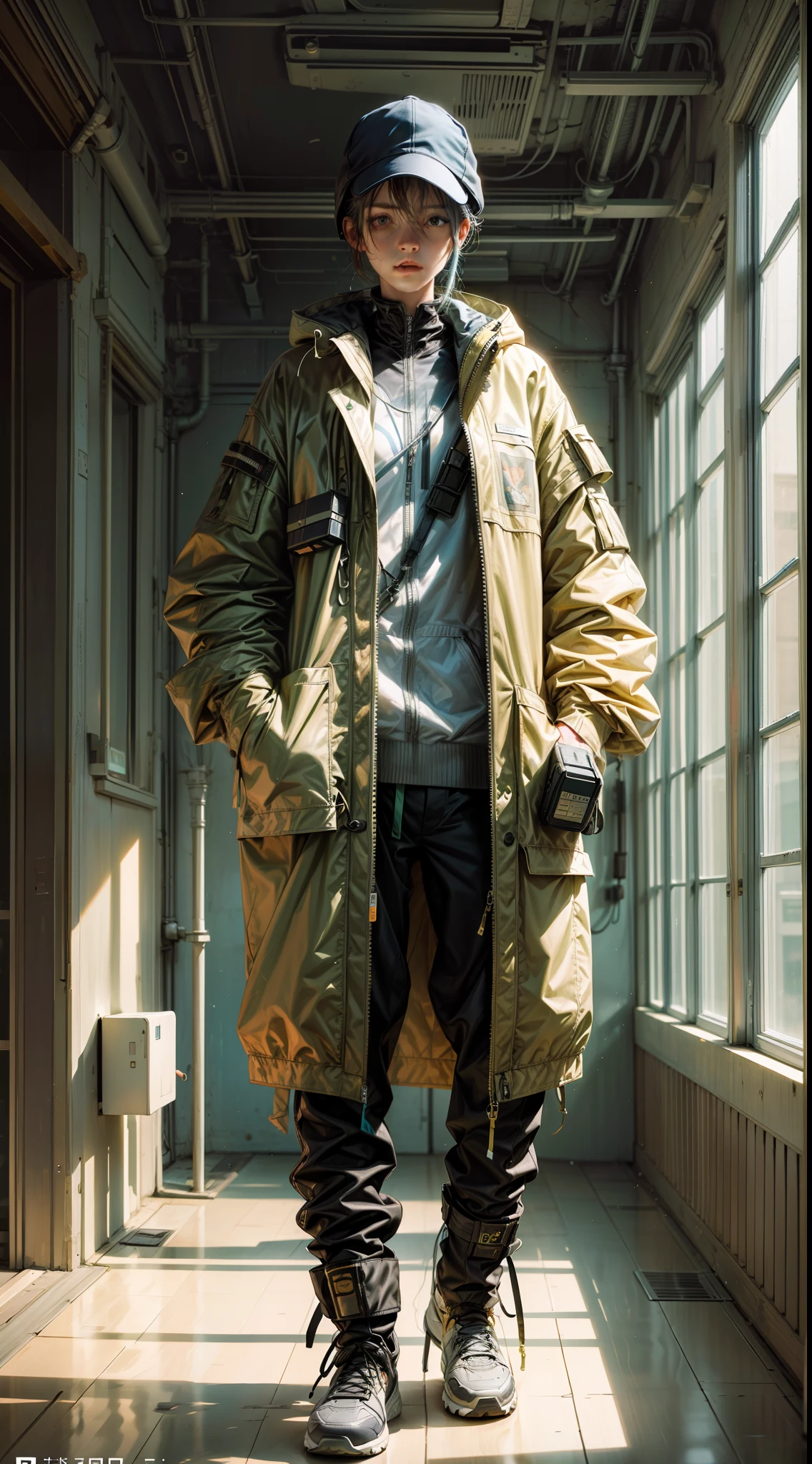 magazine cover, david hockney, ellen jewett, enki bilal, (1girl with techwear clothes)wide angle, acidwave, biophilic design, action painting