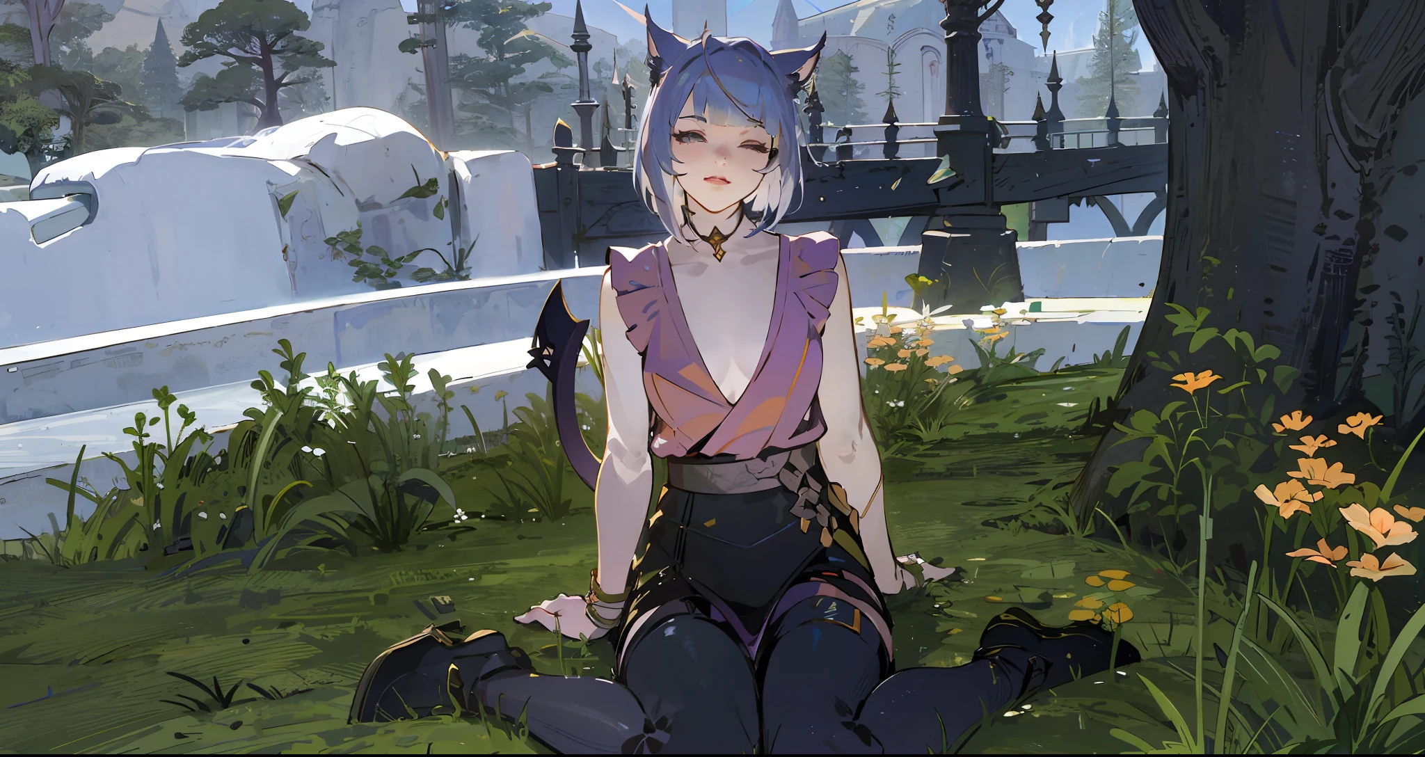 there is a woman sitting on the ground in a garden, final fantasy 14 style, tranding on pxiv, final fantasy 1 4 screenshot, spellcasting pose, final fantasy 1 4, ffxiv heavensward, full body close-up shot, final fantasy 14 sharp, final fantasy xiv, attractive cat girl, ffxiv