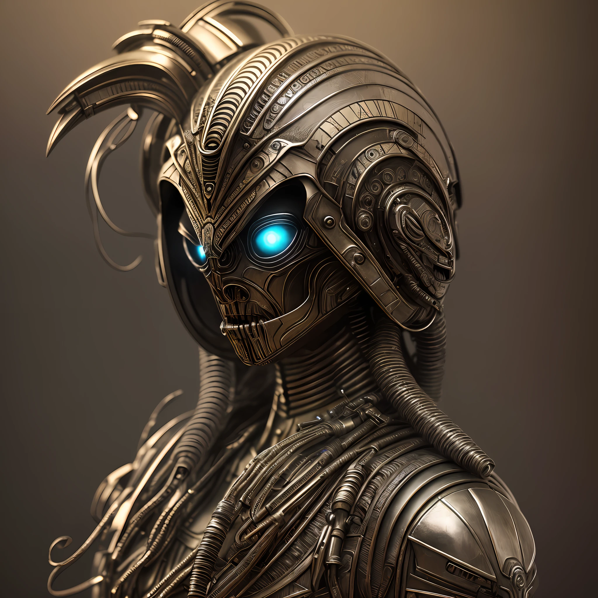 a close up of a statue of a woman with a helmet and a glowing eye, detailed portrait of a cyborg, detailed humanoid, portrait of a futuristic robot, beautiful robot character design, hyperdetailed fantasy character, portrait of female humanoid, sci - fi character, beautiful biomechanical djinn, scifi character, close-up portrait of cyborg
