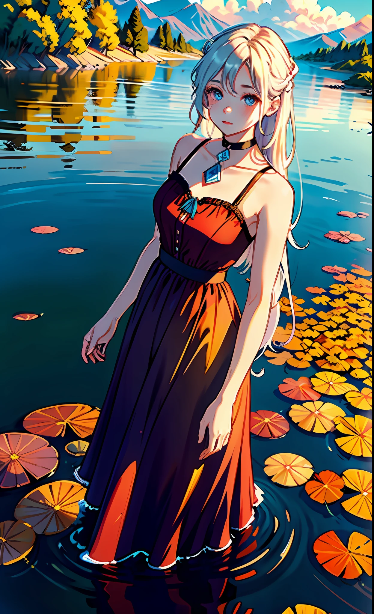 1 girl, happy expression, mesmerizing eyes, long straight hair, choker, flowing dress,(red dress color), balanced posture, porcelain skin, subtle blush, crystal pendant BREAK golden hour, (rim lighting): 1.2, warm tones, sun reflection, soft shadows, vibrant colors, pictorial effect, dreamy atmosphere BREAK scenic lake, distant mountains, willow, calm water, reflection, Sunlit Clouds, Tranquil Environment, Idyllic Sunset, Ultra Detailed, Official Art, 8K Unit Wallpaper, Zentangle, Mandala