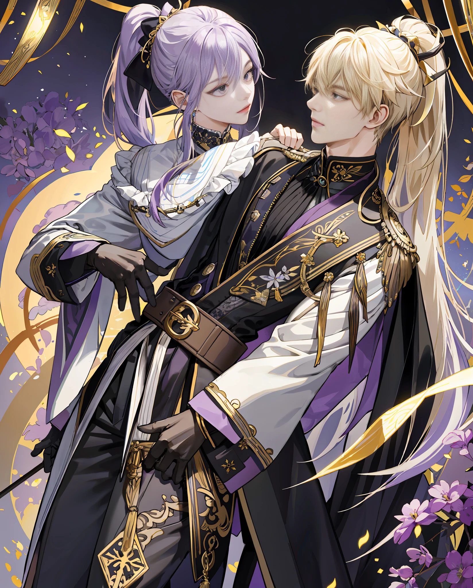 "Genshin", Jean, 1 girl, the pupil color is gray-purple, the long golden hair curled at the end is combed into a ponytail, a bow is tied on the back, two bundles of gold hang down from the sides of the face, wearing a dress with a main color of white, with gold ornaments, a black leather swallowtail cape on the back and waist that hangs all the way to the calf, wearing a shawl with black and blue on the outside and a gothic standing collar, a belt with gold decoration hanging diagonally from the waist, white sleeves and black leather long gloves on his hands, The lower body is wearing a pair of white tight trousers and white boots, both with gold patterns