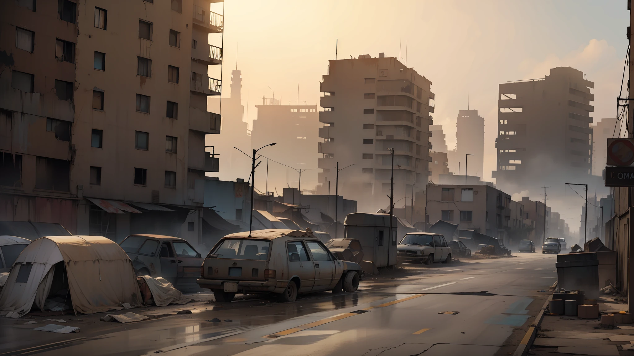 (desolate) Abandoned city, (gritty) Mad Max style, (disheveled) homeless people around.