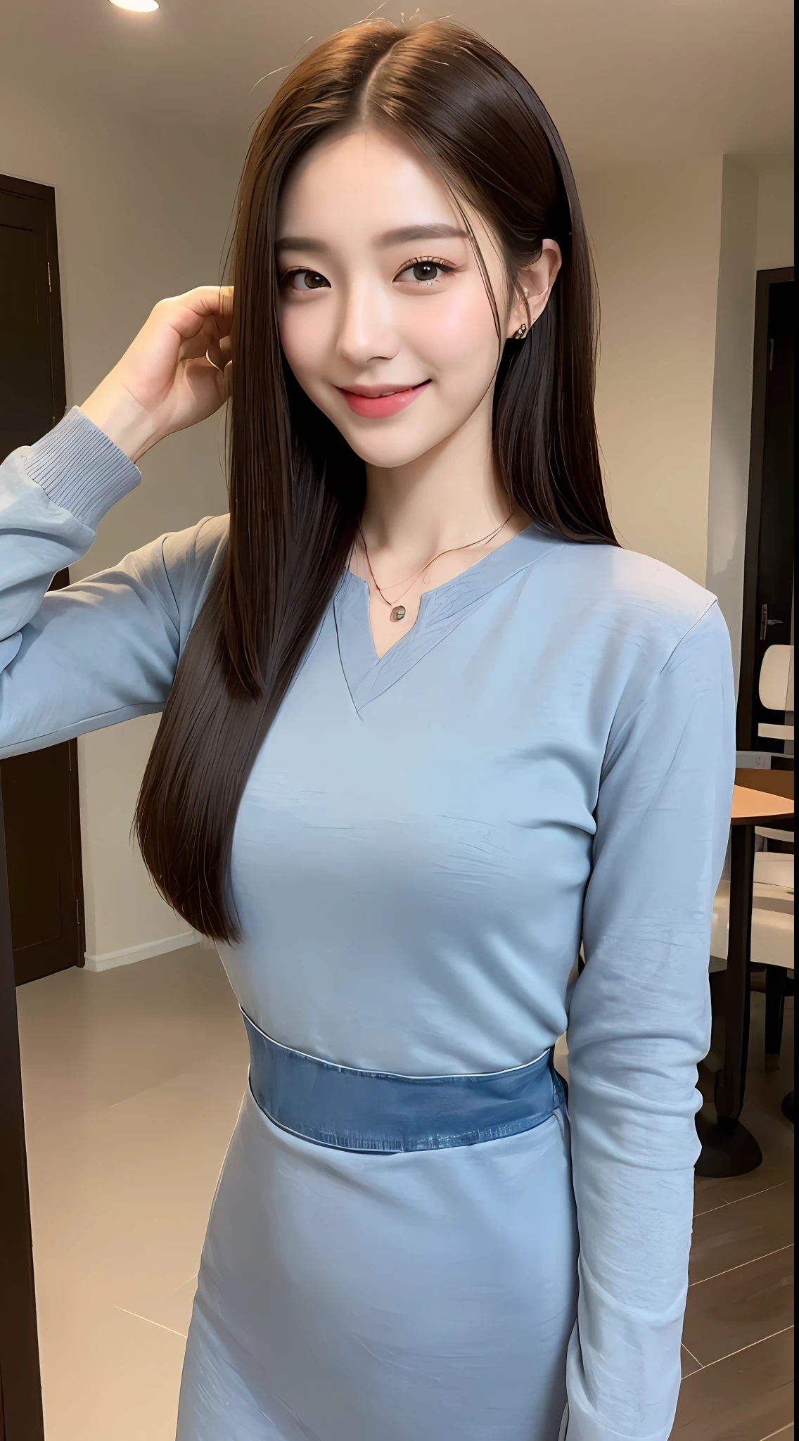 ((Best Quality, 8K, Masterpiece: 1.3)), 1girl, Slim Abs Beauty: 1.3, (Hairstyle Casual, ), Dress: 1.1, Super Fine Face, Fine Eyes, Double Eyelids, Smile, Home, Full Body Shot