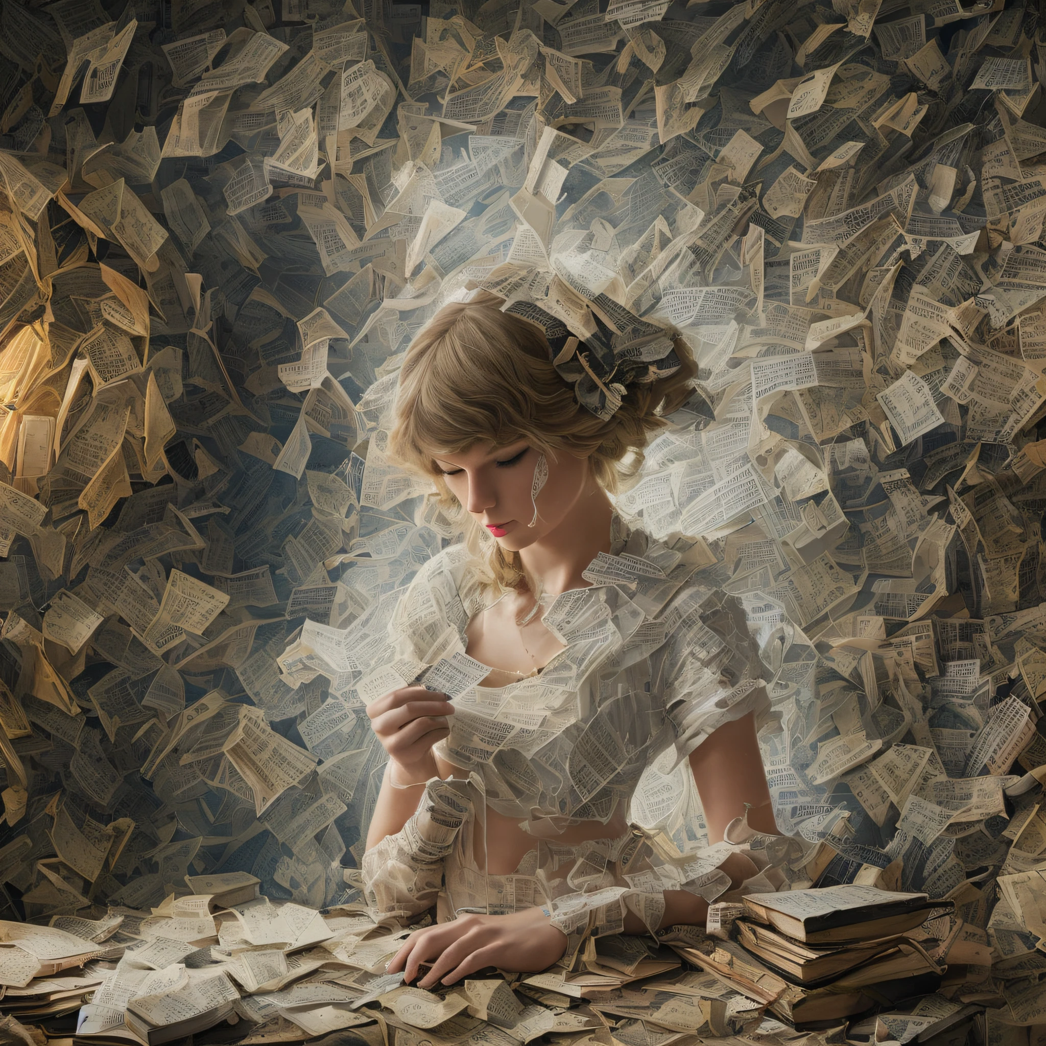Taylor Swift fighting a dictionary, epic art, dramatic, lighting, epic painting --auto --s2