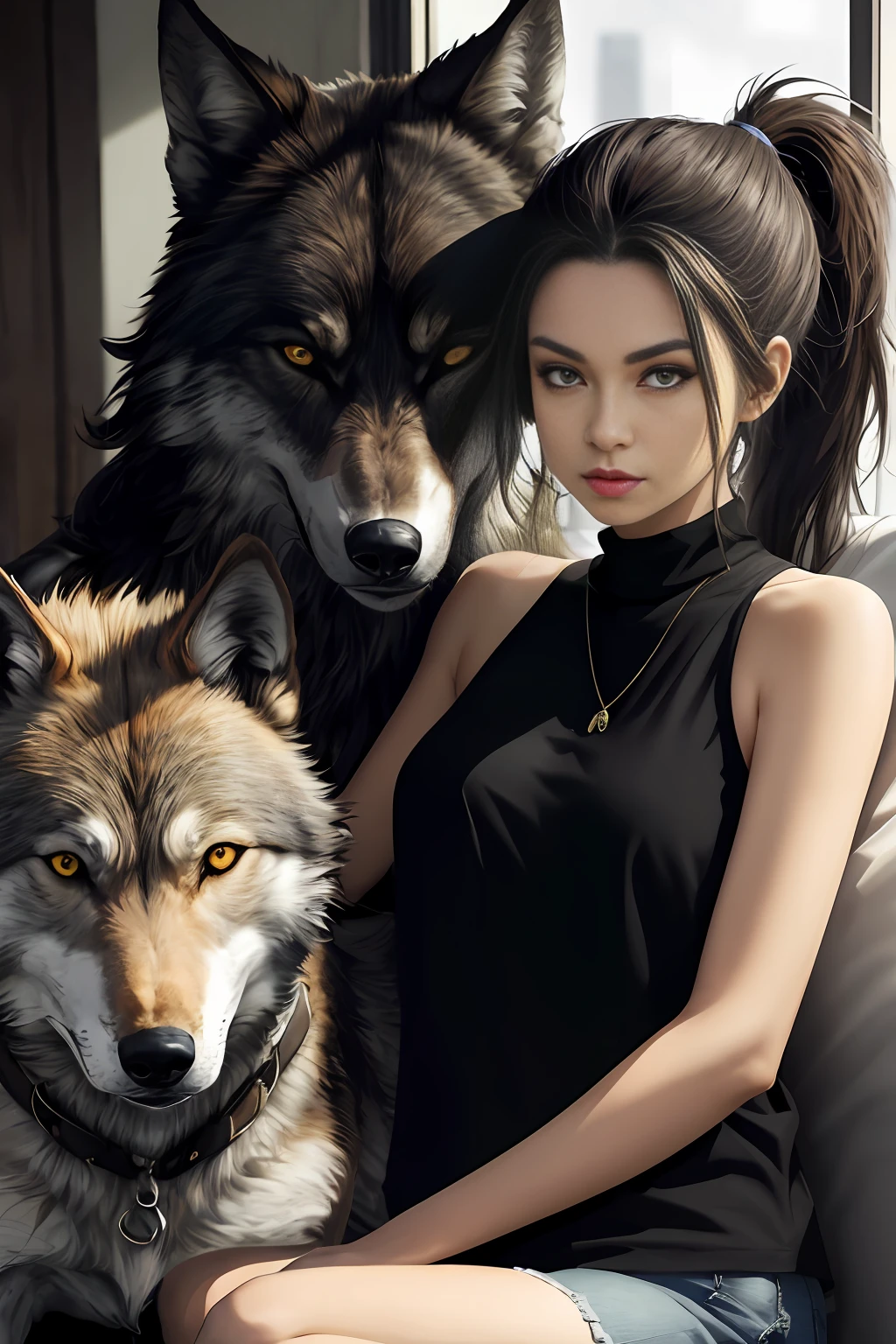 A 20-year-old brunette woman, ponytail with fringes, yellow eyes wearing a black top with a wolf sitting next to her