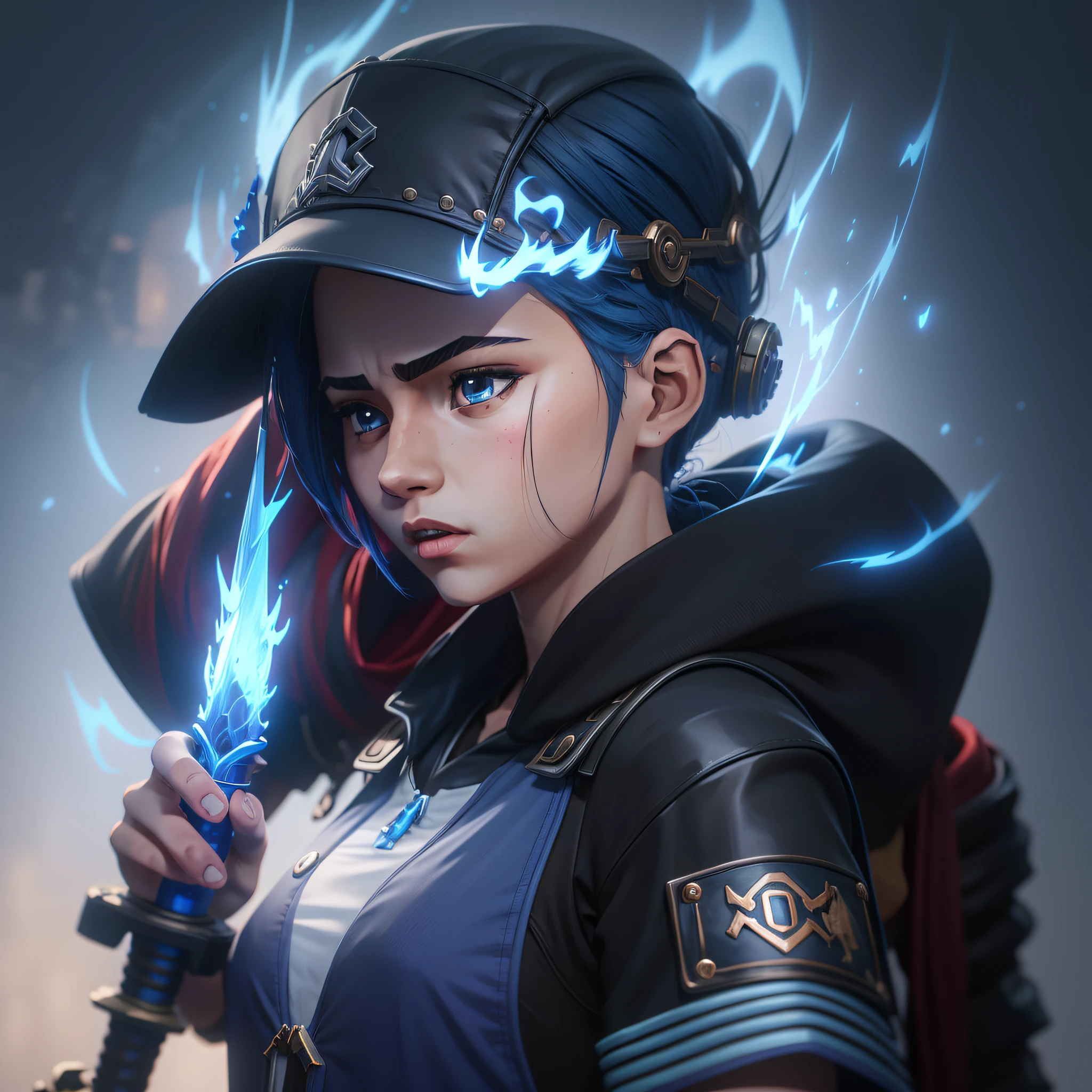 Young anime girl holding a blue flame sword on her shoulders with a black motorcycle cap on a techwear cloth