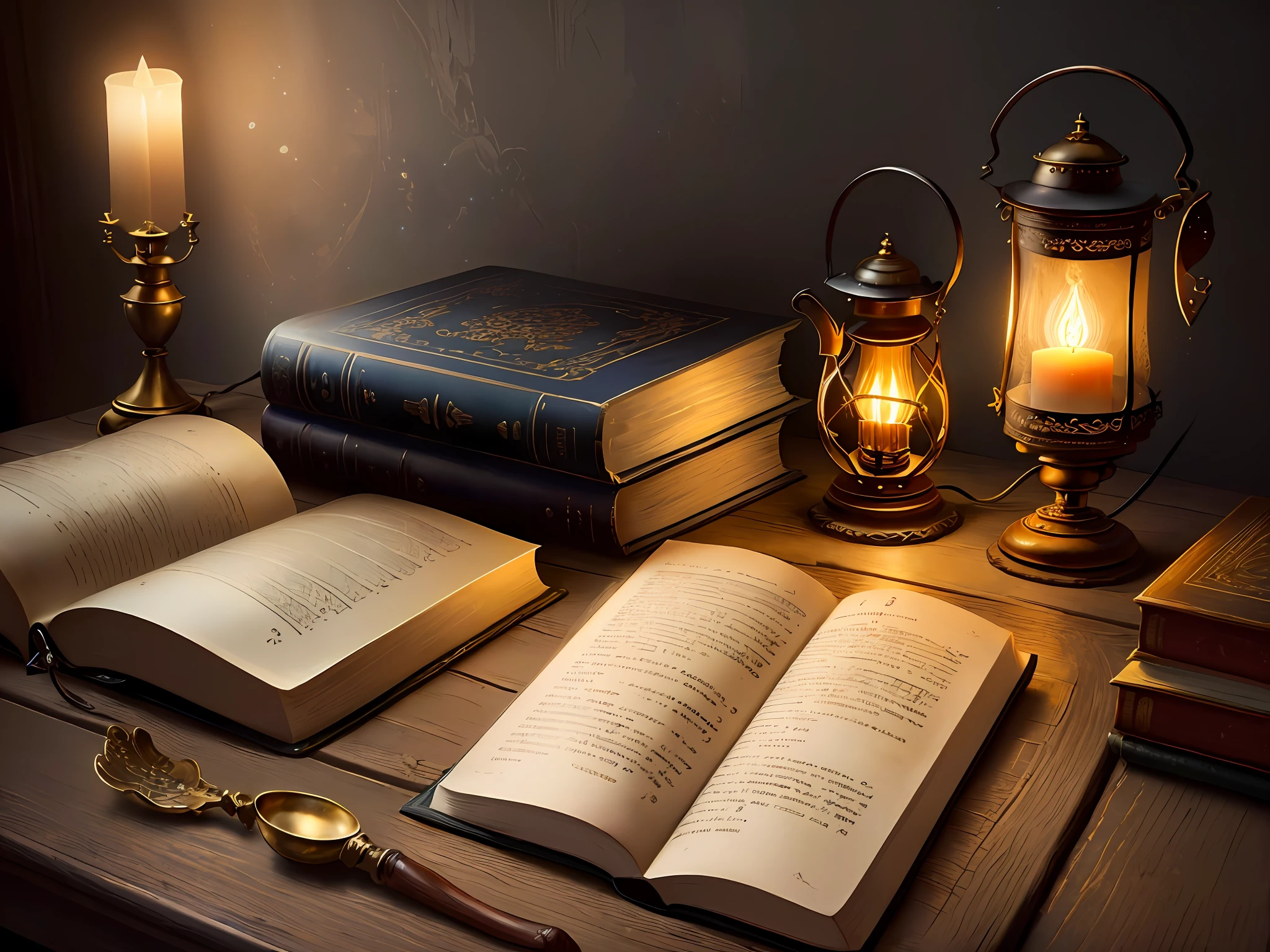 A book and an oil lamp, the only source of light, lie on a large battered tabletop, 8k, dramatic, gothic