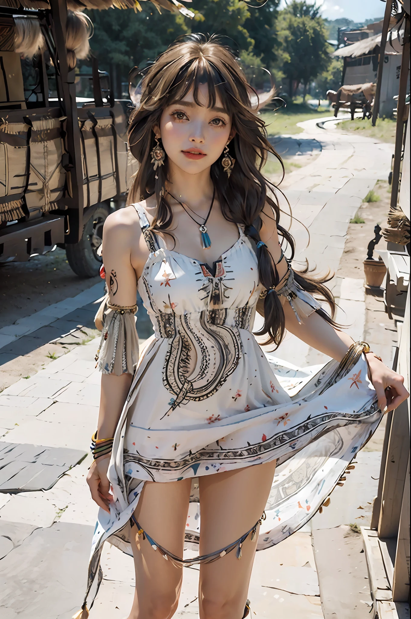 masterpiece, best quality, 1girl,long_hair,light smile, blunt bangs,looking at viewer,selfies,cowboy shot,(shot_hair:2),(Boho_printed_dress:1.5),(Straw_wedge_sandals:1.4),(Beaded_bracelets:1.3),
(realistic:1.5), cinemagraph,