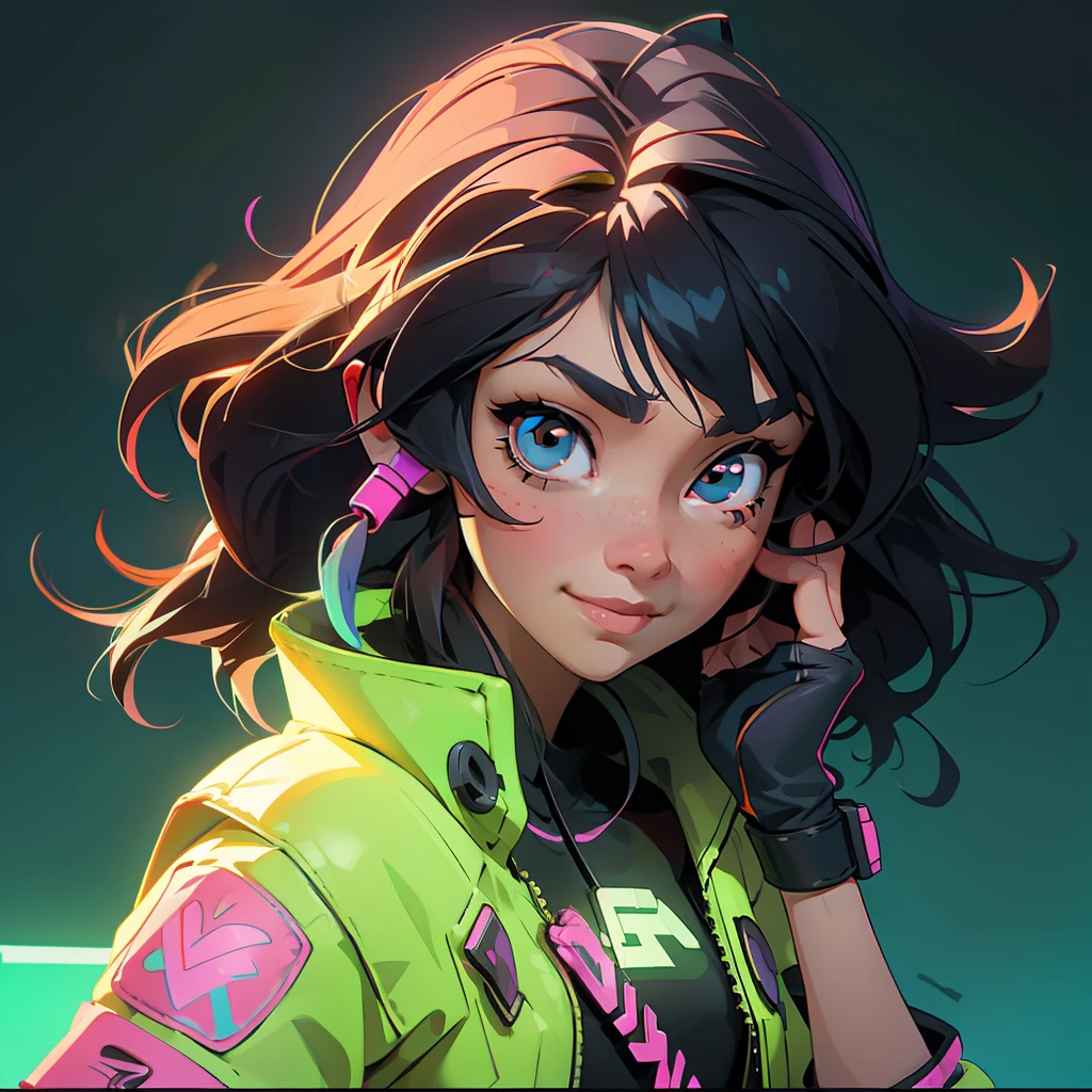 Create a girl with long messy black hair and brown eyes, dancing happily listening to music on headphones, closeup half body, expression of amusement, smiling cheerful, gamer,, monitor,in a bedroom setting with neon lights, good quality, perfect anatomy, 8k, masterpiece, by (Holaxes), long hair, messy hair, neon, headphones, cyberpunk, neon purple, neon yellow, neon blue, cyberwave, best character design