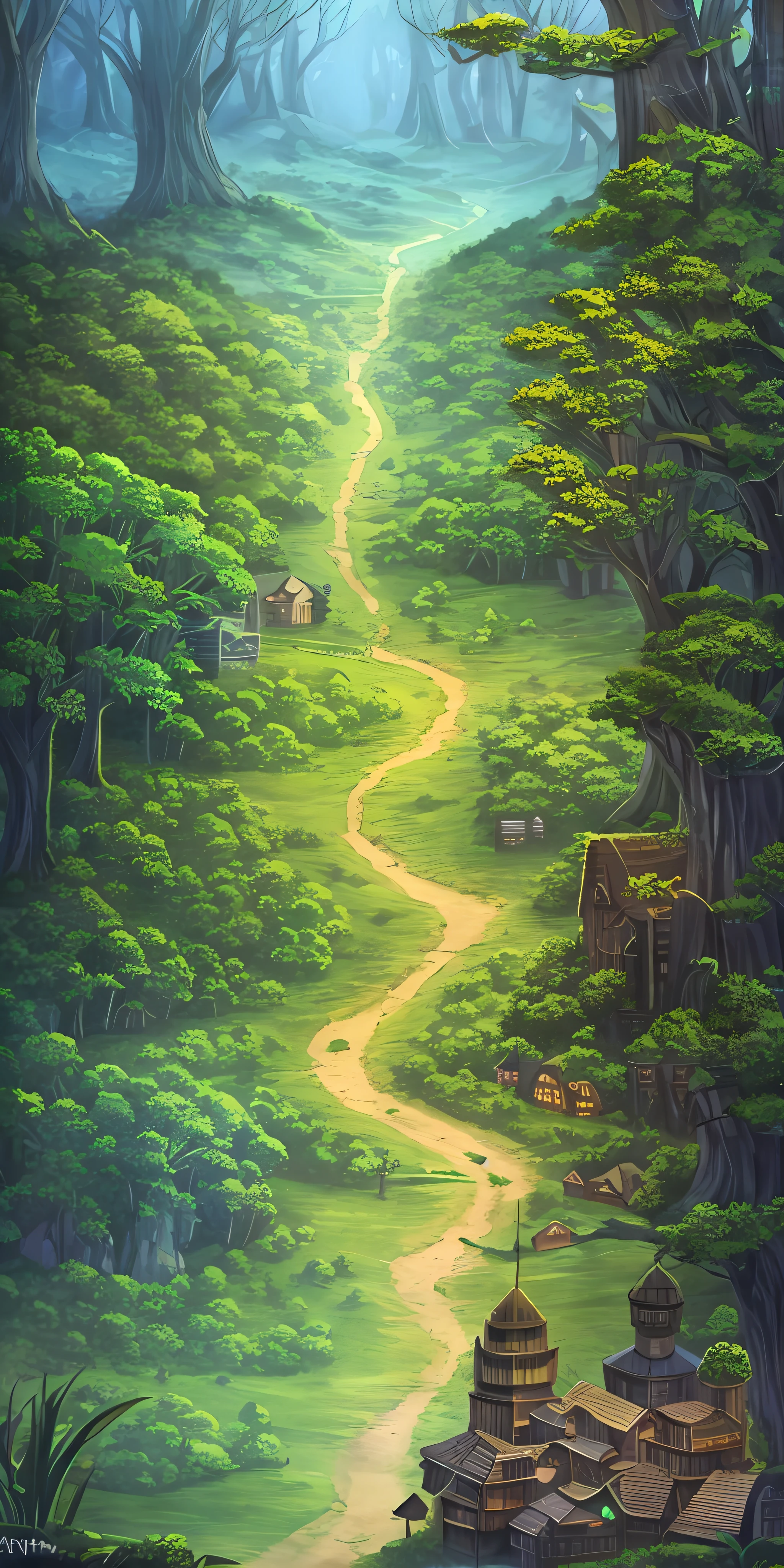 "Tabletop rpg map, of a village surrounded by a dense and mysterious forest, with high quality, incredible details and engaging atmosphere. Add dramatic lighting elements and shadows to increase the immersion of the scene." The path leads to a village