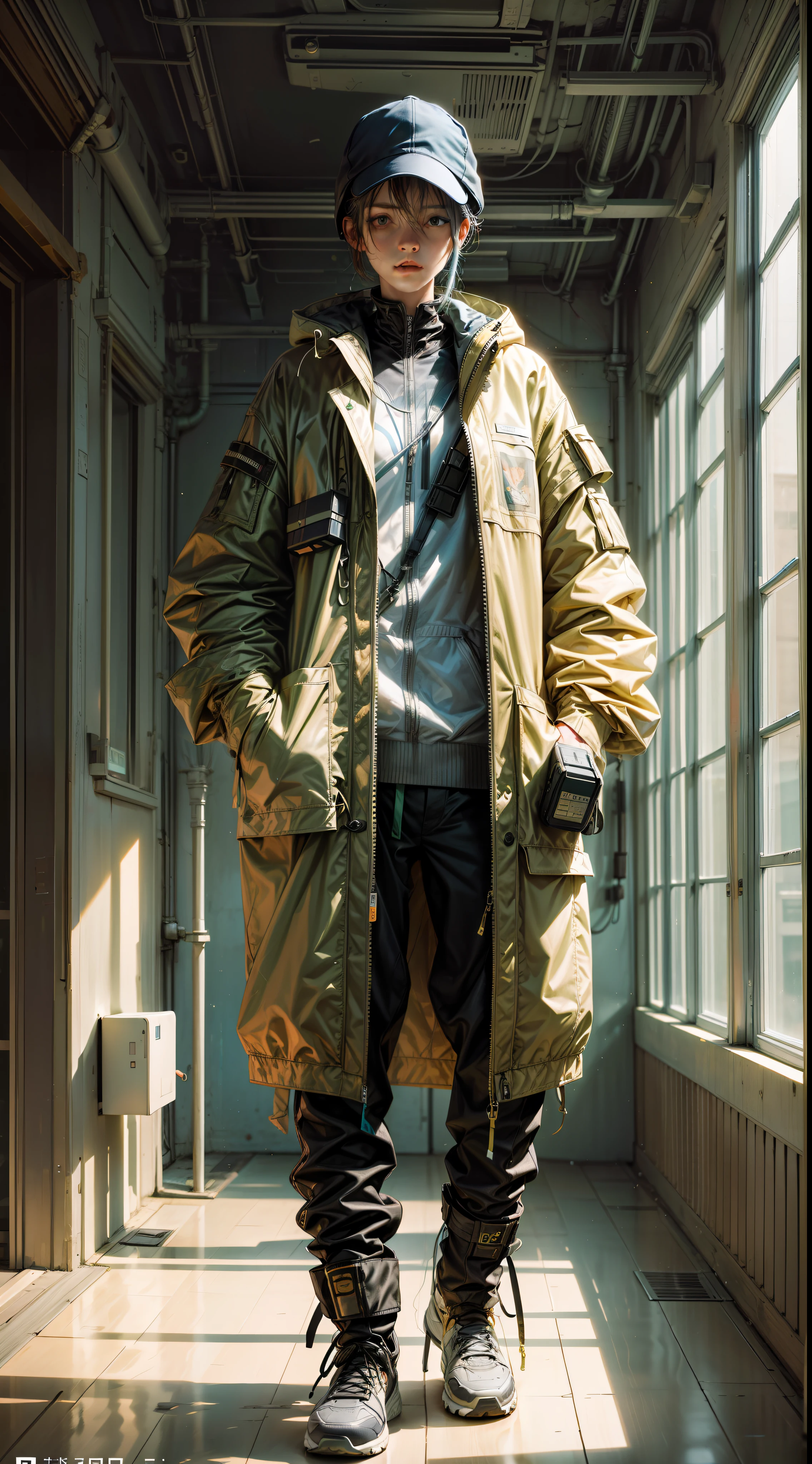 magazine cover, david hockney, ellen jewett, enki bilal, (1girl with techwear clothes)wide angle, acidwave, biophilic design, action painting