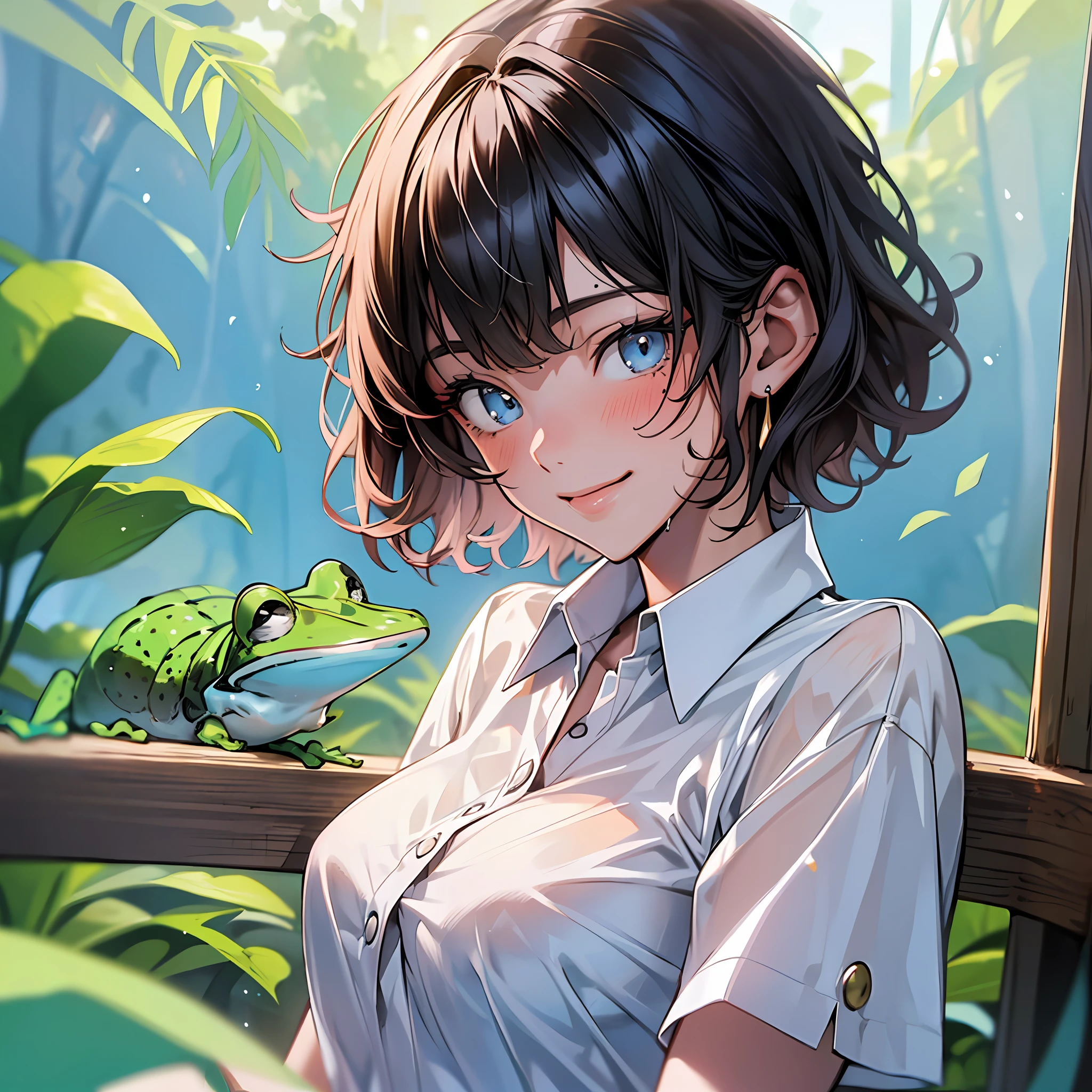 (8K, Best Quality, Masterpiece: 1.2), (Realistic, Photorealistic: 1.37), Ultra High Definition, 1 Girl, Cute, Solo, Beautiful Fine Sky, Sitting, Date, (Blushing), (Smile: 1.15), (Mouth Closed) Big breasts, beautiful eyes in every detail, (Shirt with collar: 1.1), (Short hair: 1.3), (Floating hair: Novafrog) Style:1.2), JK, Knight, Yellow Light, Wet, Park