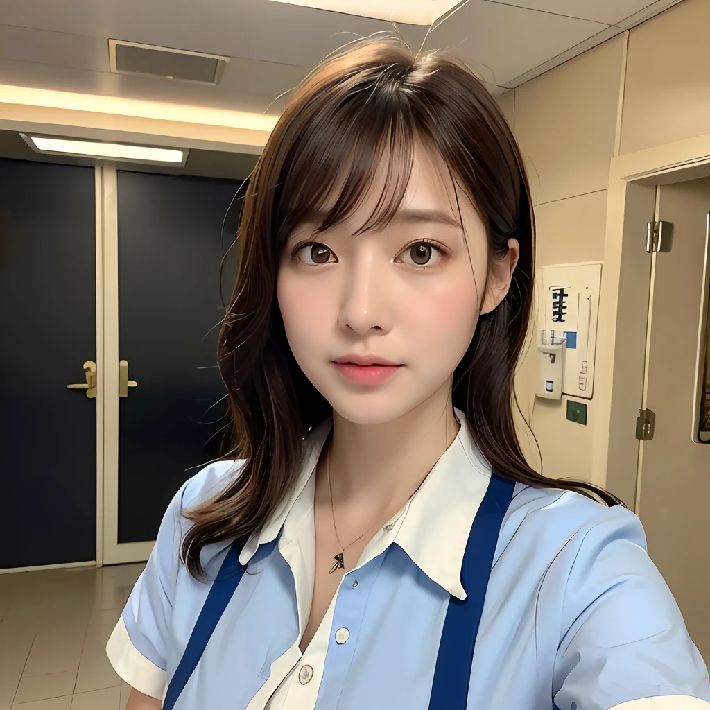 (Best Quality, 8k, 32k, Masterpiece, UHD:1.2), Cute Japan Woman Pictures, 1 Girl, (Medium Short Dark Brown Hair), (Big), Double Eyelids, Blue Nurse Clothes, White Shirt, Open Shirt, Hospital, Hospital Room, Upper Body, Sexy