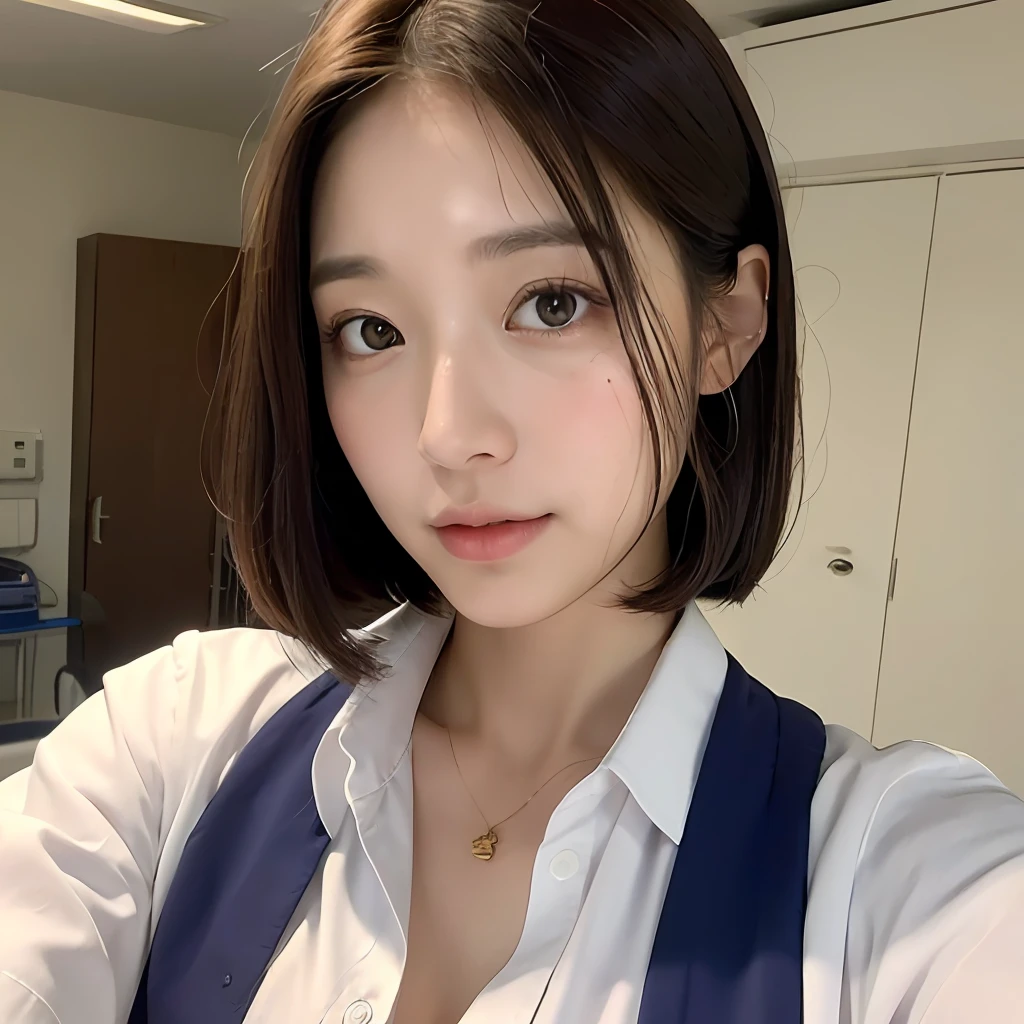 (Best Quality, 8k, 32k, Masterpiece, UHD:1.2), Cute Japan Woman Pictures, 1 Girl, (Medium Short Dark Brown Hair), (Big), Double Eyelids, Blue Nurse Clothes, White Shirt, Open Shirt, Hospital, Hospital Room, Upper Body, Sexy