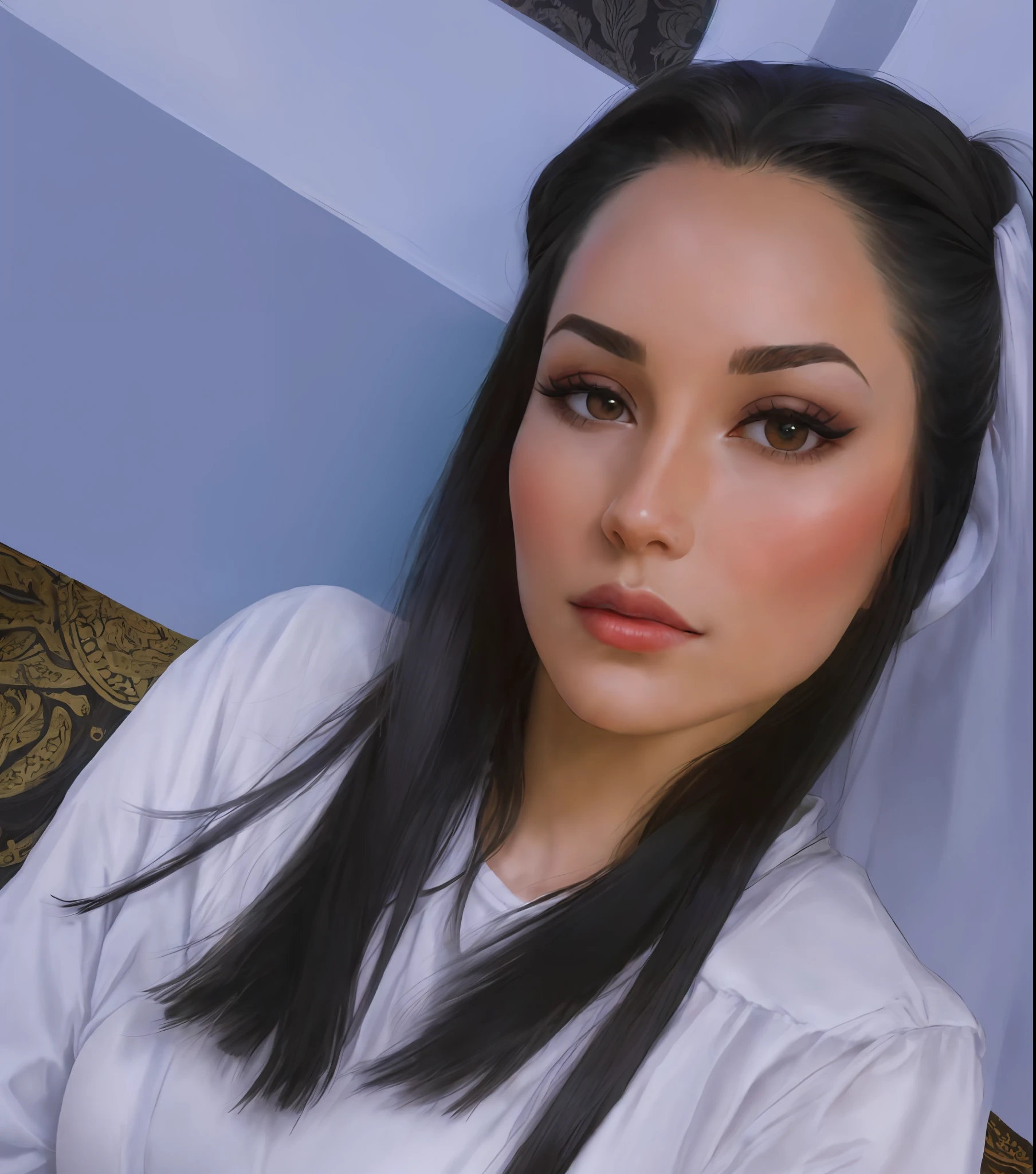 there is a woman with long black hair and a white shirt, profile image, with professional makeup, ayahausca, headshot profile picture, by Gina Pellón, profile picture, sexy face with full makeup, beautiful look, full makup, profile pic, inspired by Gina Pellón, inspired by Márta Lacza, alanis guillen