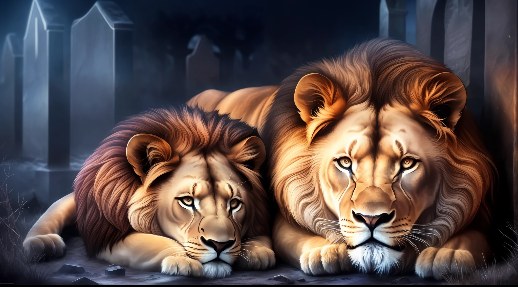 2 lions sleeping in a dark and cold grave, Epic reality (hdr:1.4) cold colors, refraction of screen space, epic composition (intricate detail), ultra detail, art station, movie clips, vignette, complex backgrounds, (masterpiece of the best quality.