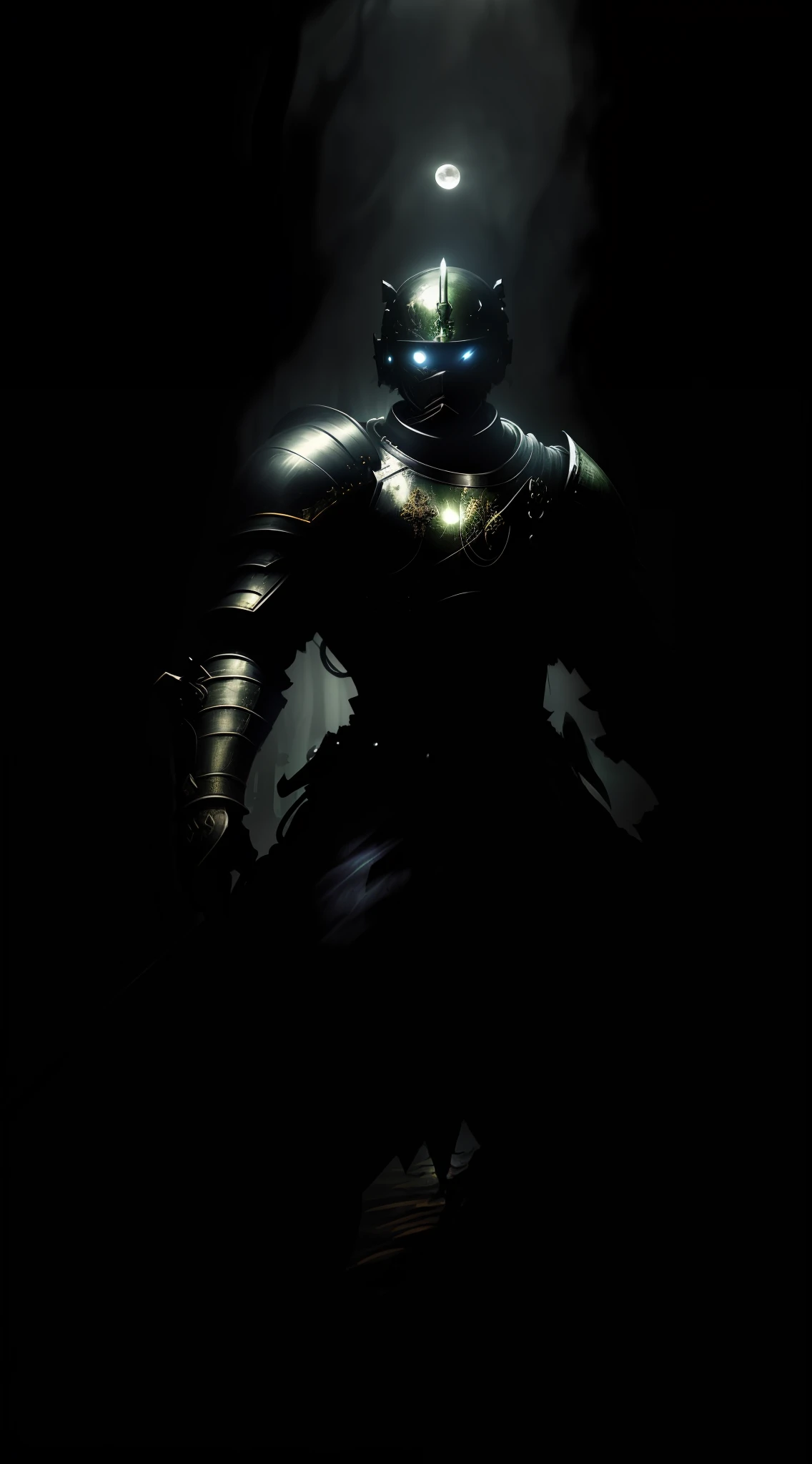 Full moon, dangerous forest,( high quality detailed masterpiece) man wearing battle suit hunting in the forest, night, costume, shield, sword, full moon.