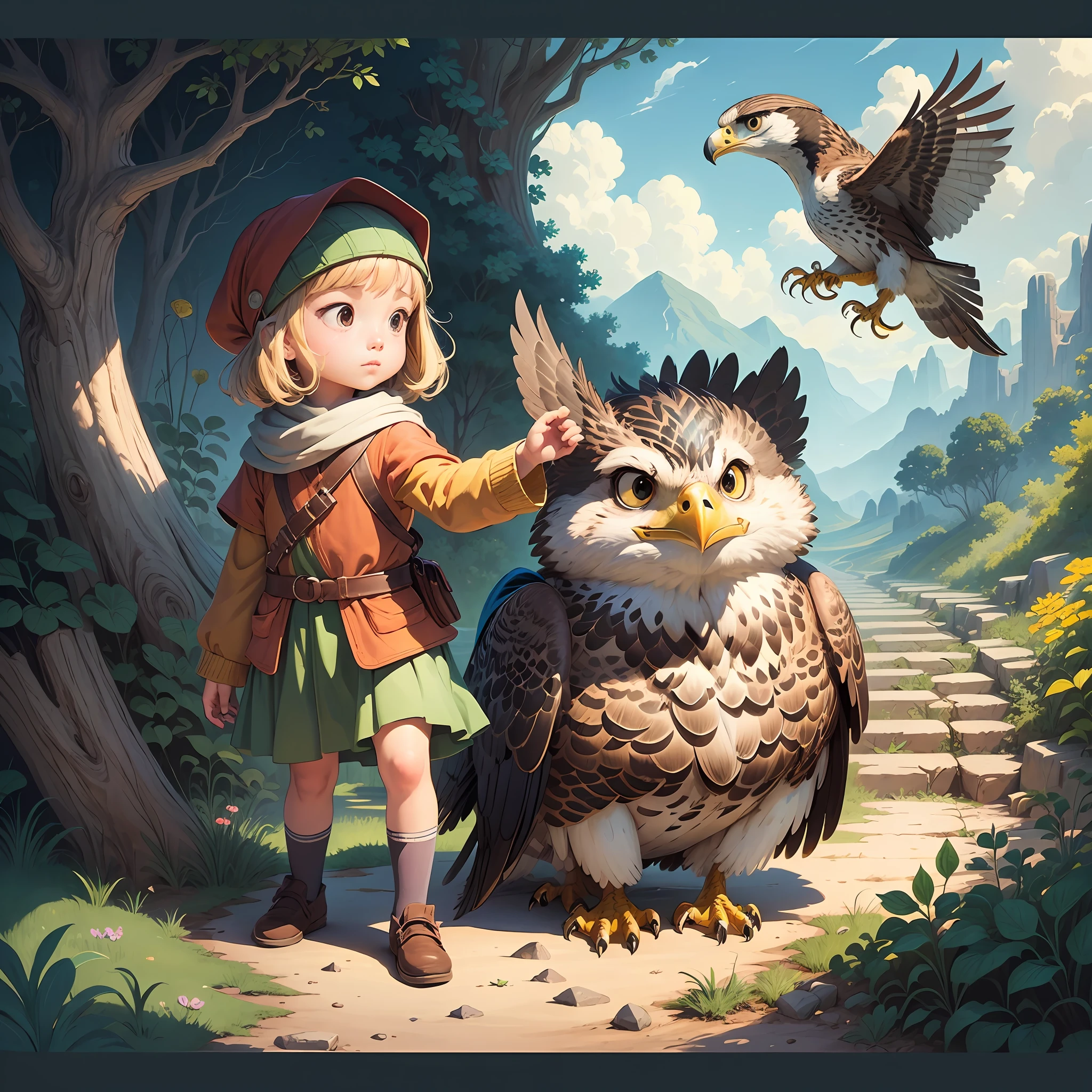 falcon, children's book art, , illustration for children, 
animation illustration style, dream illustration, exquisite imaginative poster art, children's book art, colorful children's book illustration, by Richard Doyle, drawfolio, children's illustration, children's illustration, cute storybook illustration, children's book art, hold hd, with a distant, vector graphics illustrator --auto --s2