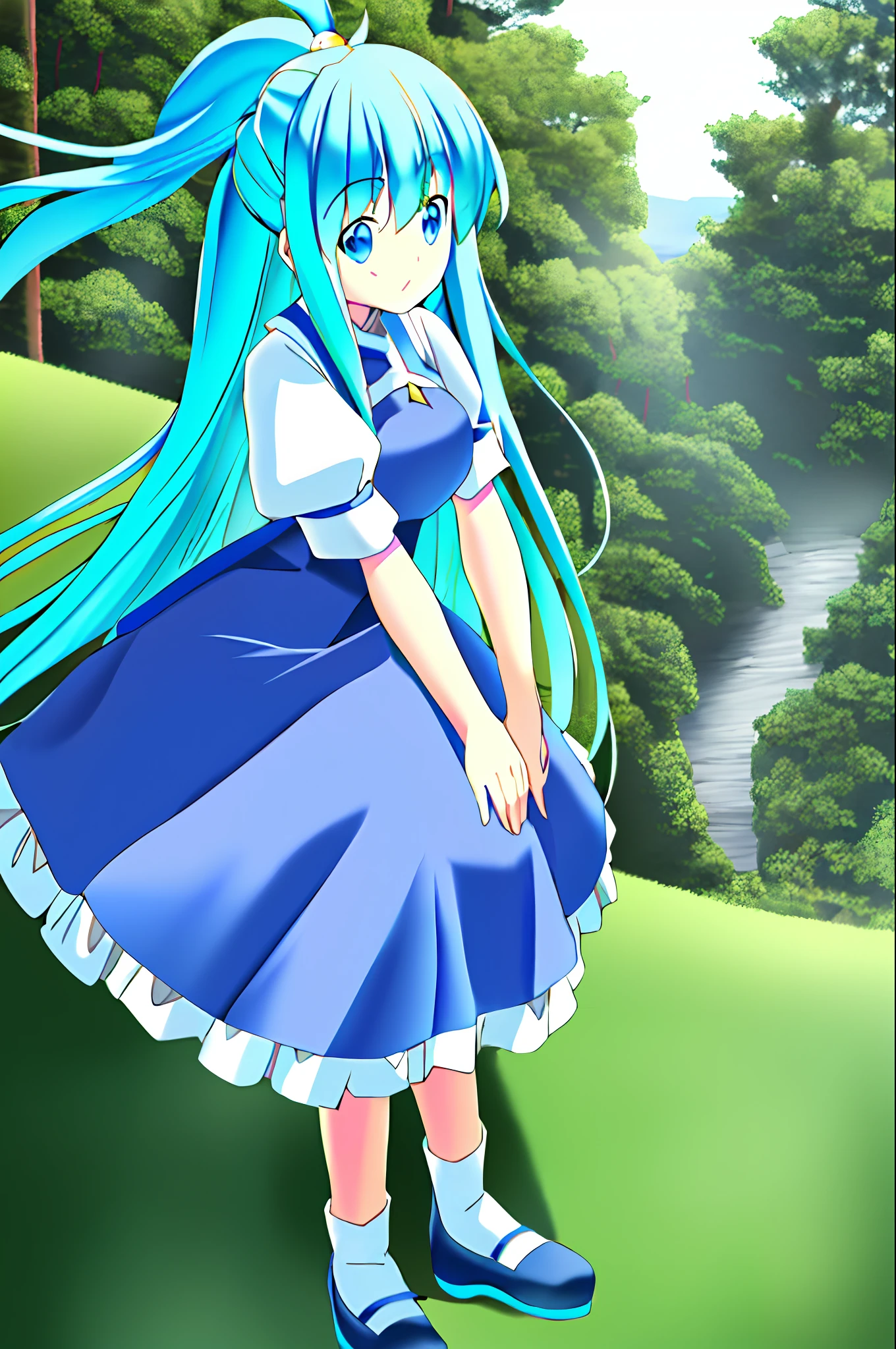 Aqua_konosuba, 1girl, blue hair, long hair, blue eyes, white dress, forest, sitting