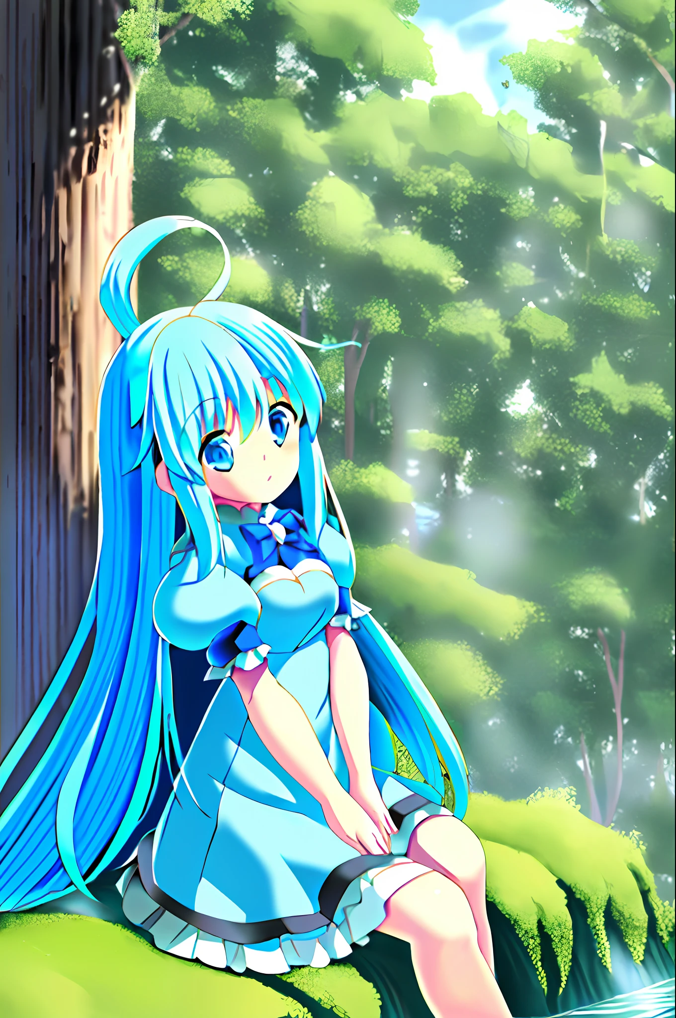 Aqua_konosuba, 1girl, blue hair, long hair, blue eyes, white dress, forest, sitting