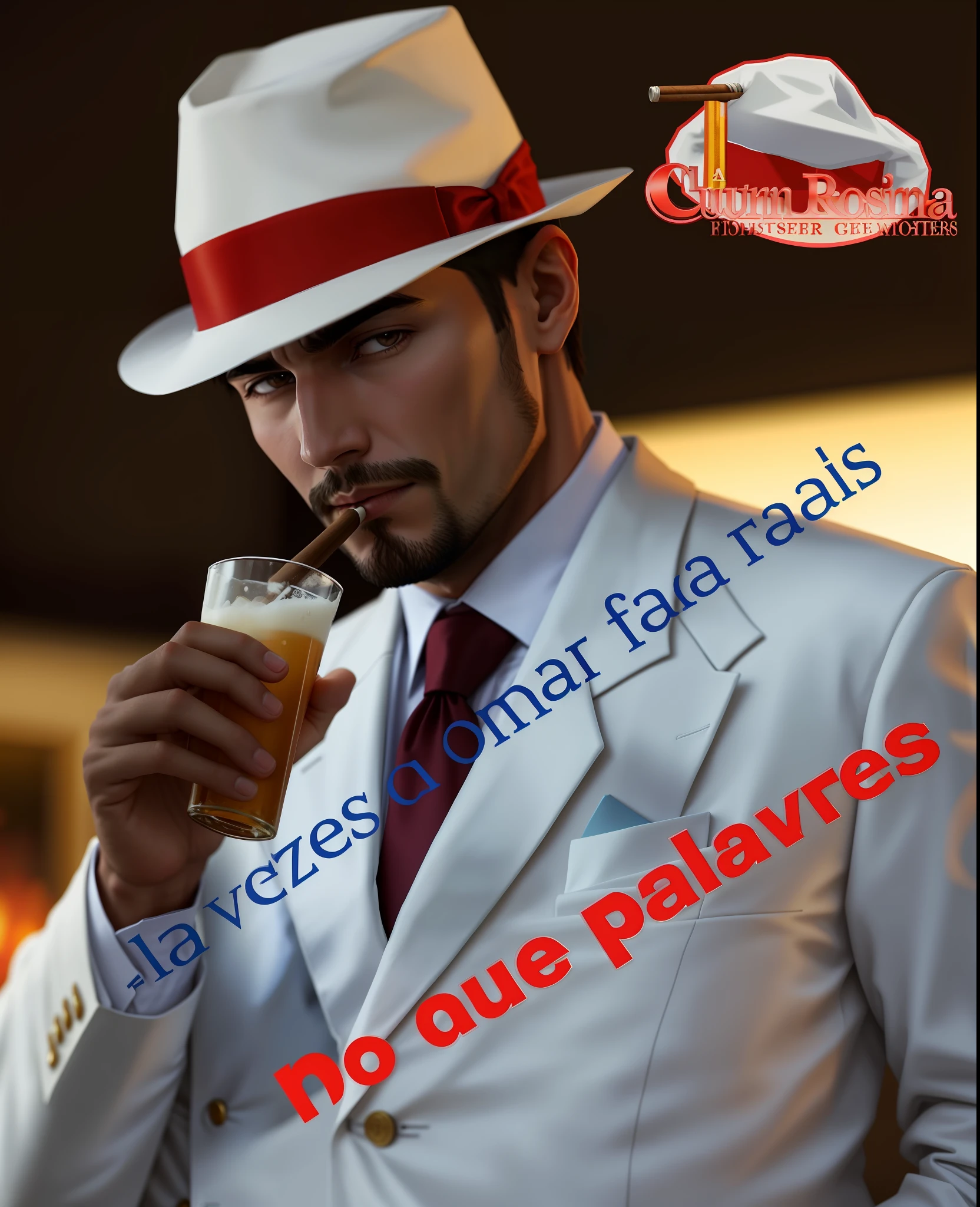 Anime futirista a man in a white suit and red tie holding a beer, yummy, 2995599206, cigars, with cigar, 3945074687,