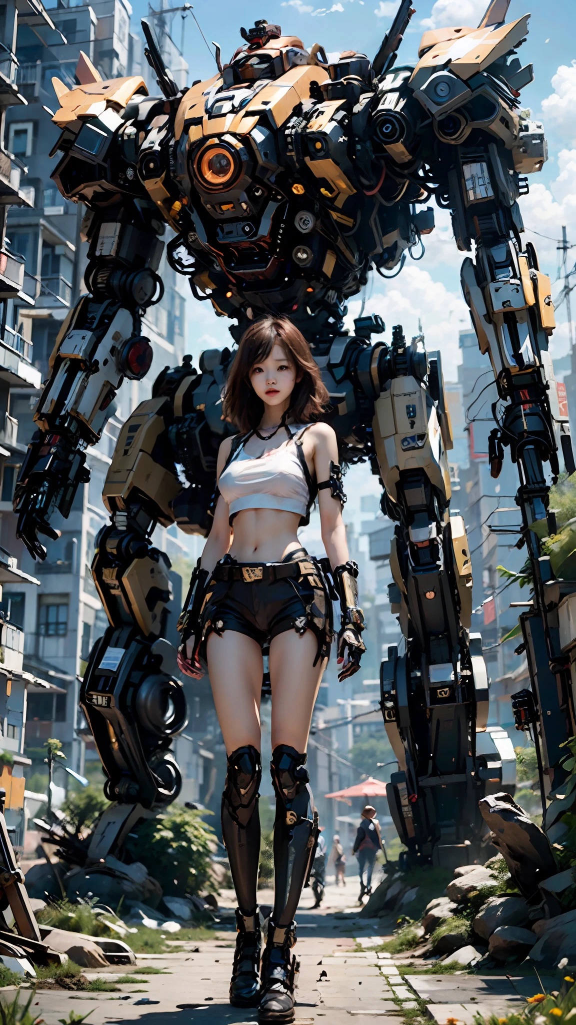 ((masterpiece, best quality)),illustration,ultra detailed 8k,photorealistic,sharp focus,highly detailed,professional lighting,colorful details,iridescent colors BREAK extreme long shot of a factory,large mechanical robot construction,microchip,computer,glowing,intricate details,shitu-mecha,1girl is standing in front of the audience,Navel