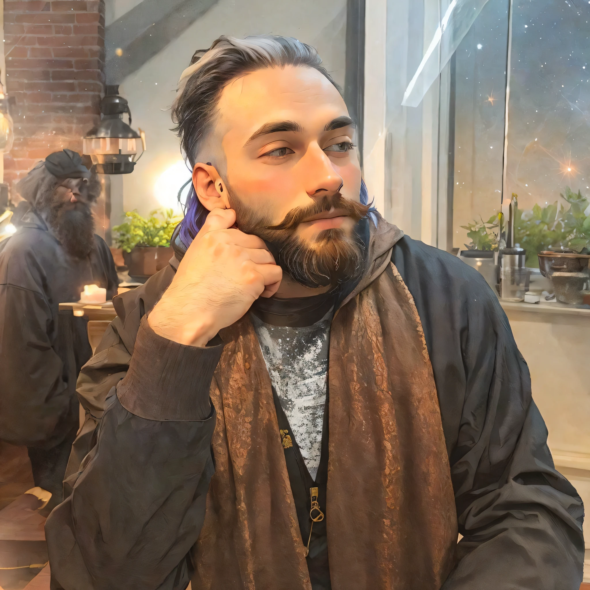 Dye your hair and beard white and place a background with astronomical themes related to the universe