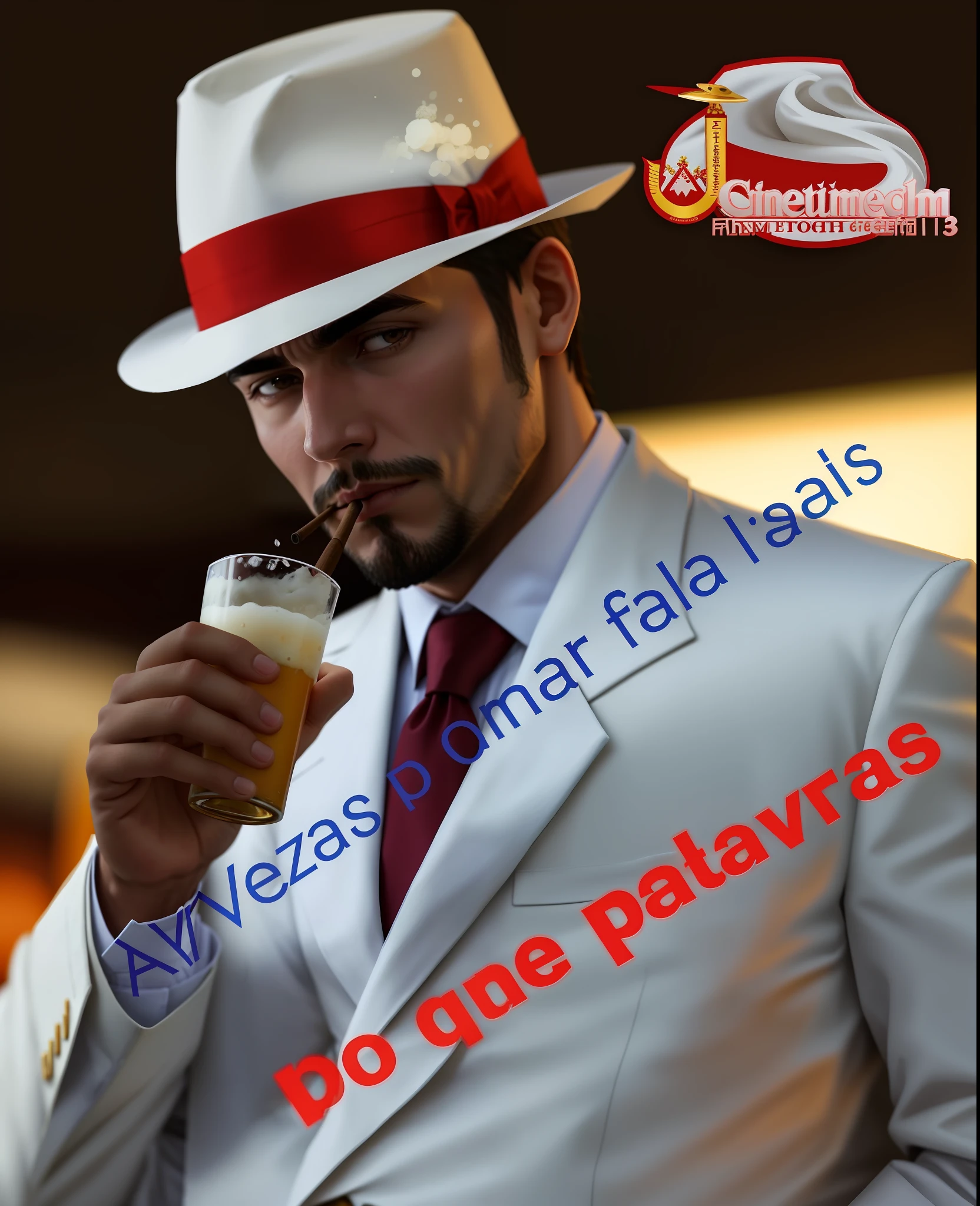 Anime futirista a man in a white suit and red tie holding a beer, yummy, 2995599206, cigars, with cigar, 3945074687,