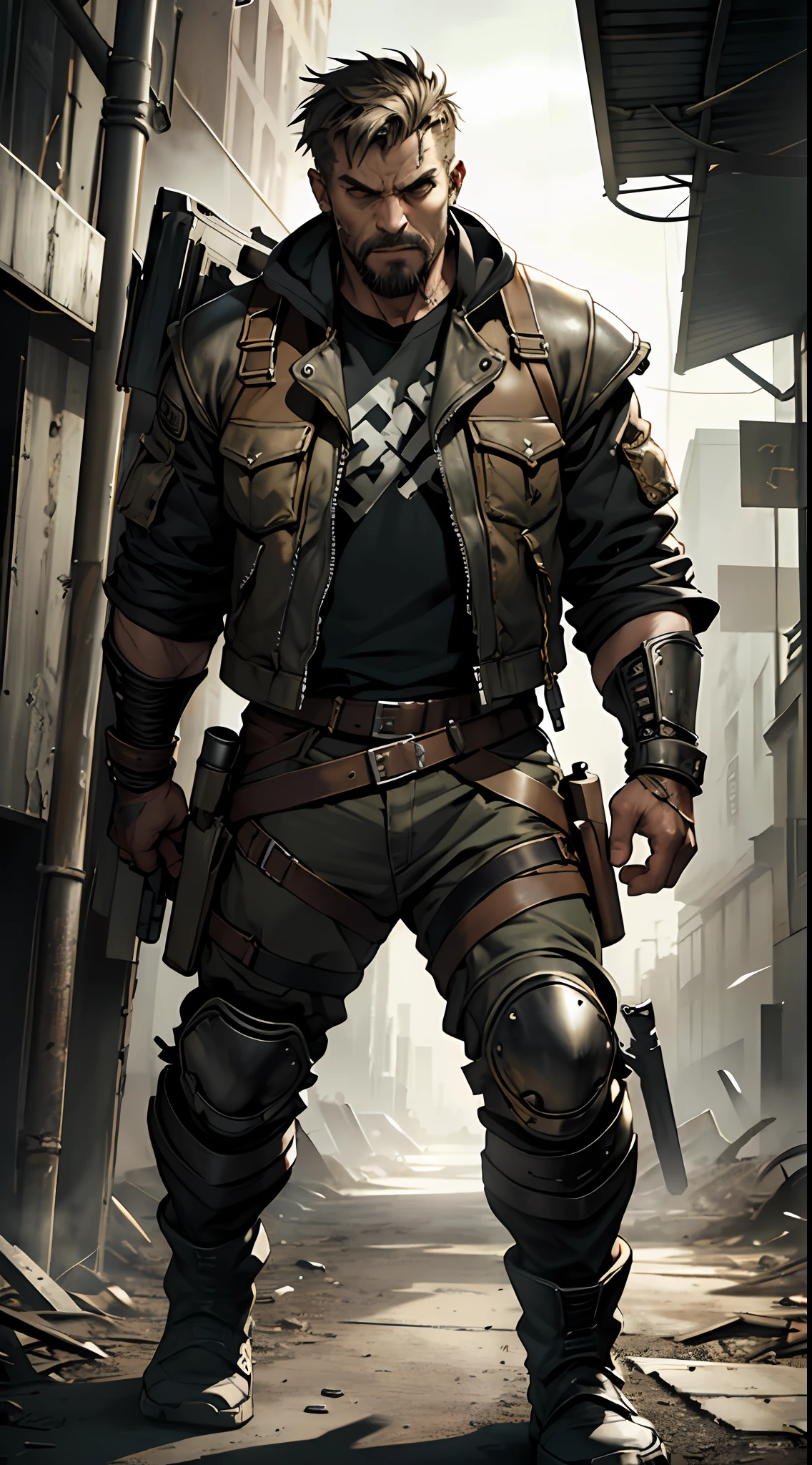 (masterpiece), best quality, cool guy, wearing jacket, light armor, Mad Max style, full body shot, dynamic pose, urban post-apocalypse, dark background, dust, rugged, tough, scruffy, leather, metal, tense, intense, strong attitude.