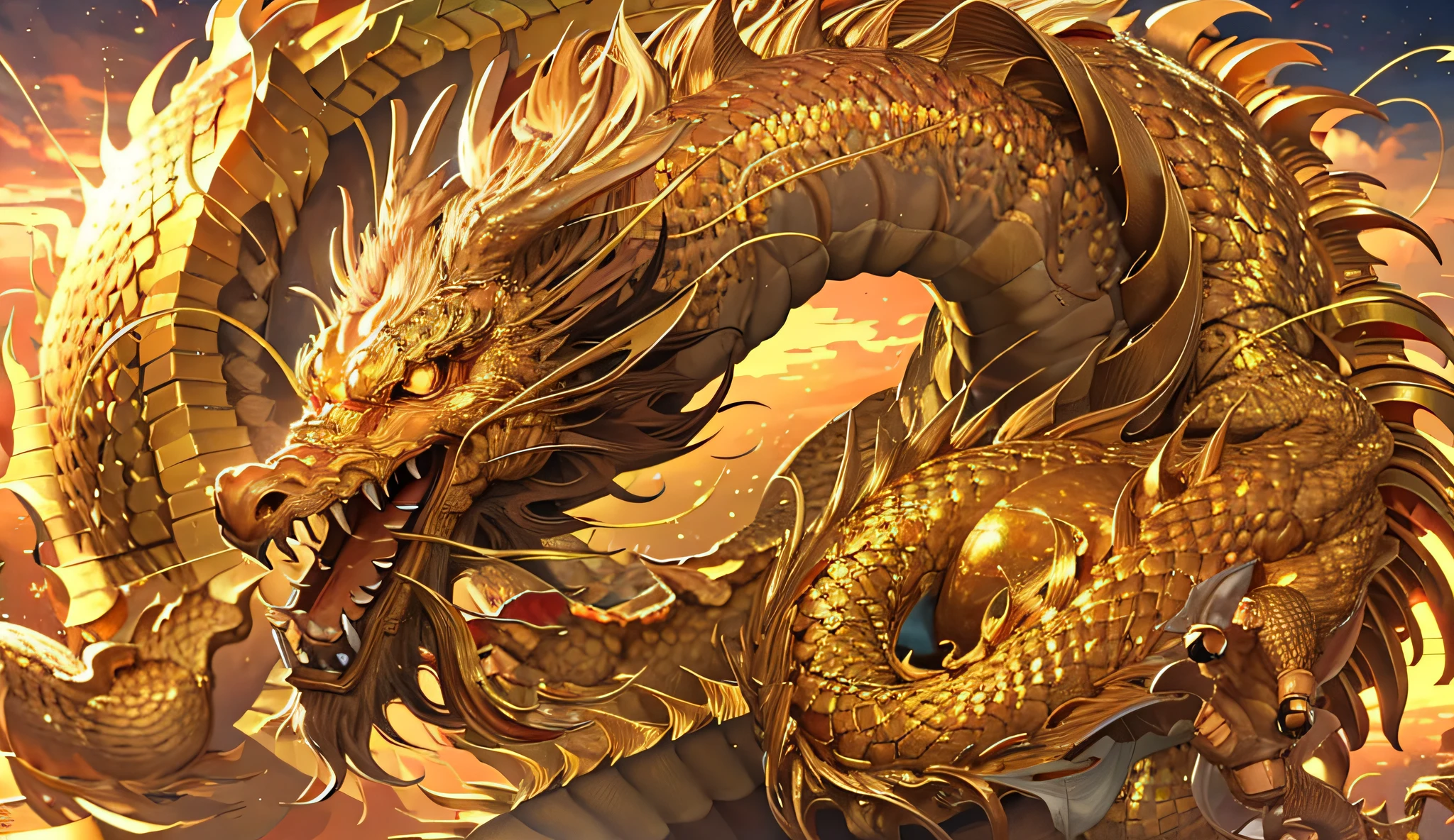 logo, masterpiece, golden chinese dragon surrounded by gold dust, wind, god, long wavy body, fangs, fantasy, myth, high quality, highly detailed, masterpiece, epic, particle effect, dynamic effect, eyes are crystal, luck up, background gold, money luck rise, gold, sunrise, sun, one head, realistic, one dragon god, eyes are white, background is golden