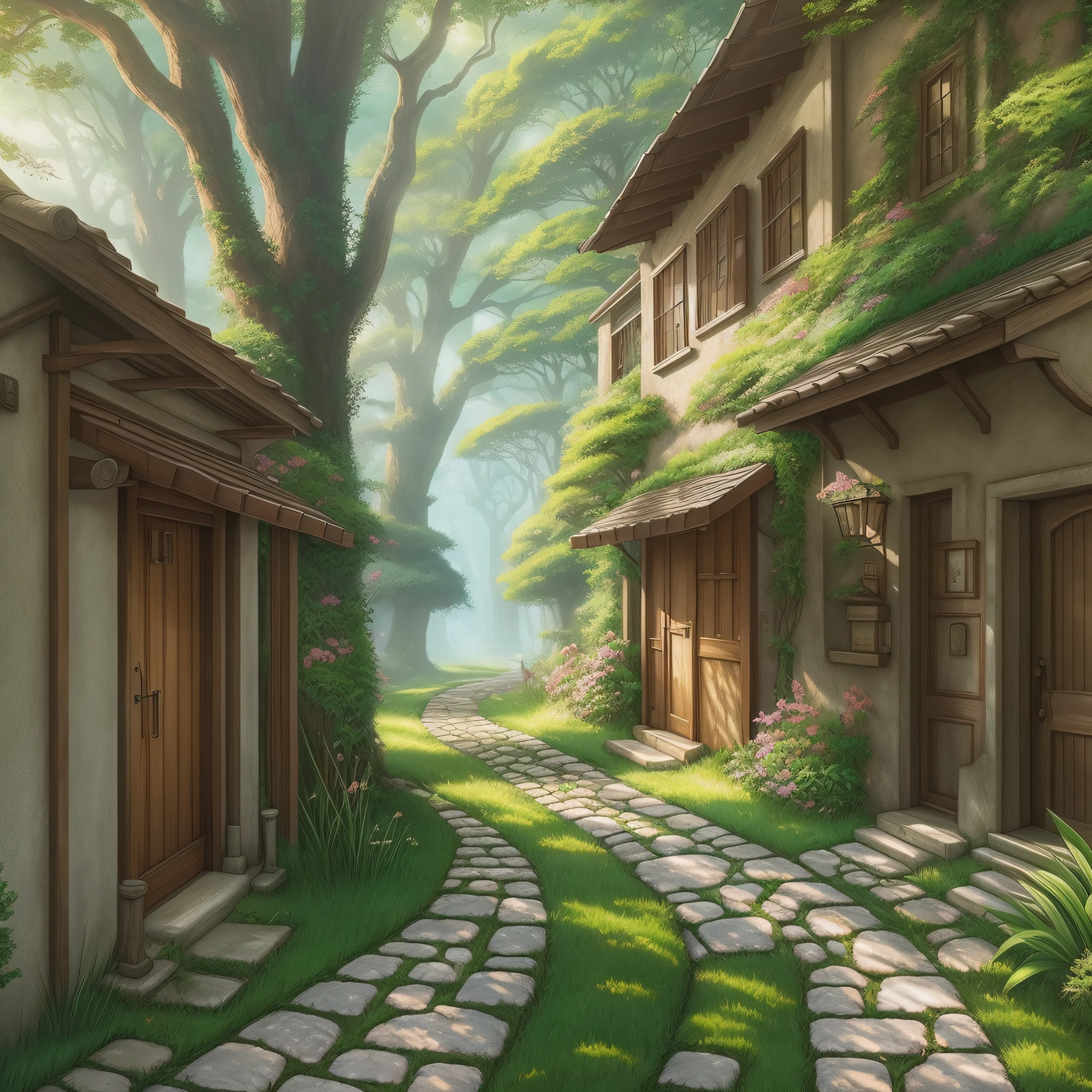 Photoreal, Ghibli, walking path, --auto --s2