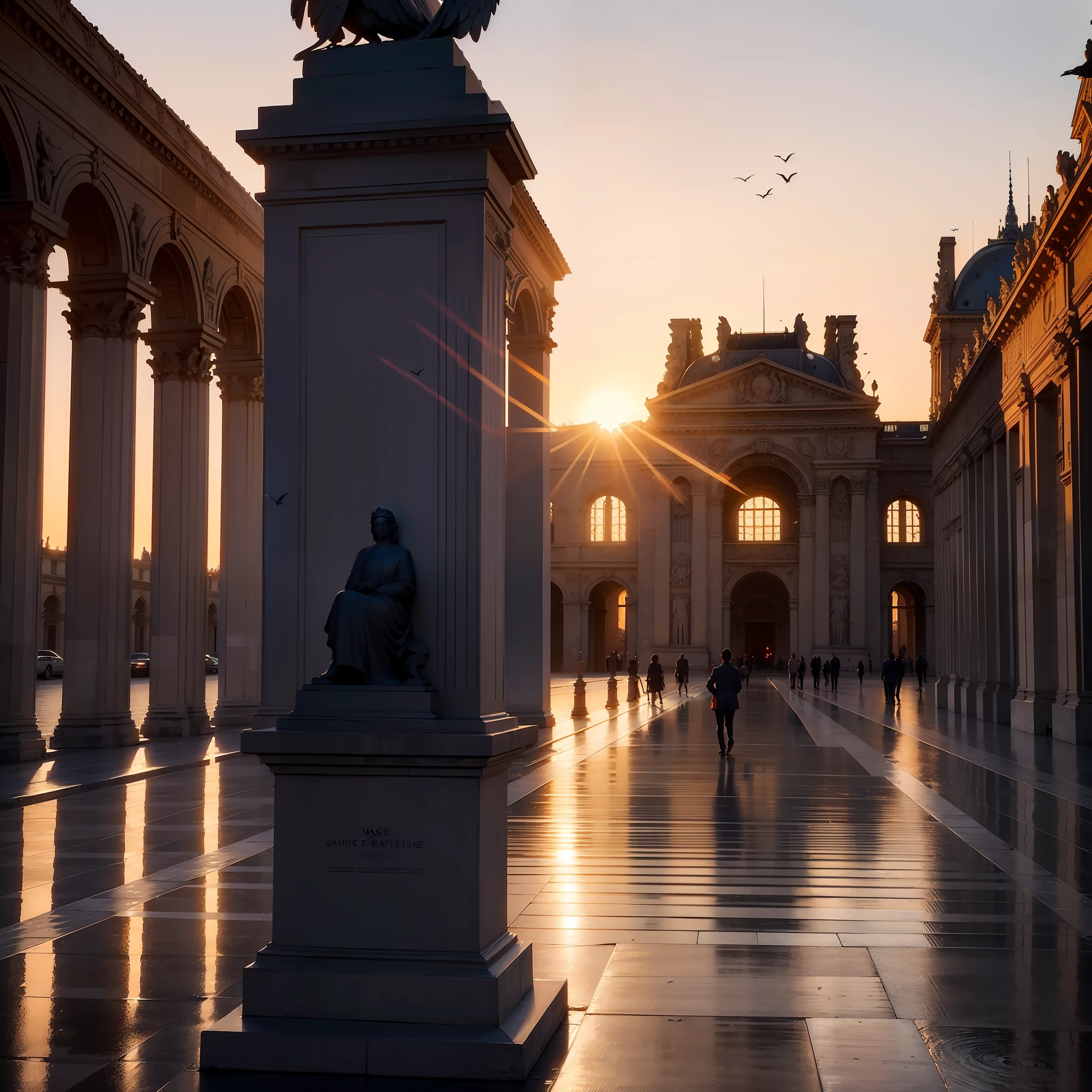 (Description: Beautiful Late Afternoon + at the Louvre in Paris, Sunset Street), (Paris style + French architecture), (High Quality + Best Lighting), (Beautiful Sunset) (blue / orange / red sky + birds), (Dynamic angles + continuous path), (Nostalgic + memory style + twilight), (main frame: street + building) +( empty streets, no people and no cars, just the beautiful architecture of Paris for contemplation)+(feeling of peace and tranquility).